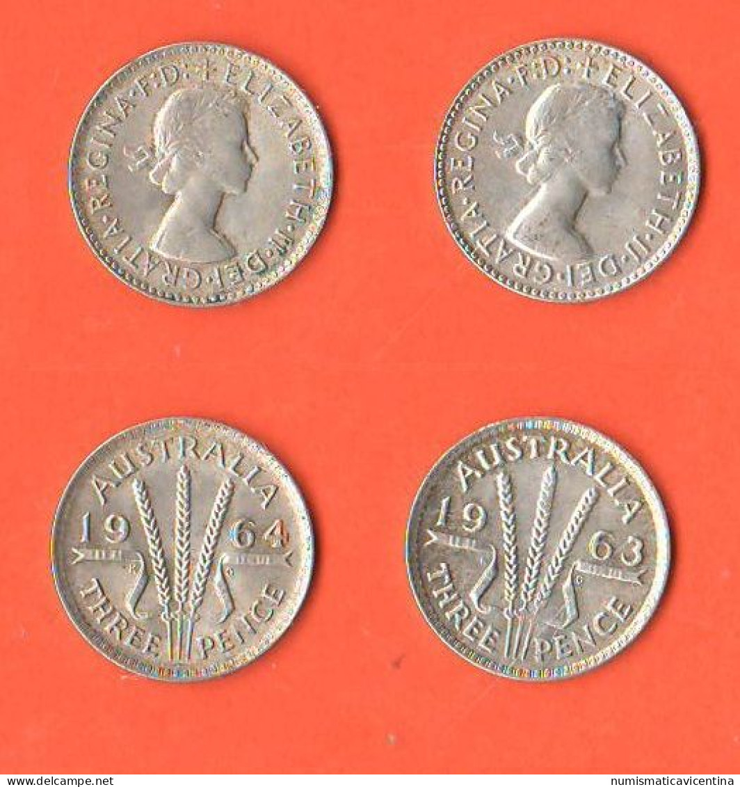 Australia 3 Three Pence 1963 E 1964 Australie Queen Elizabeth II° 2 X Silver Coins - Threepence