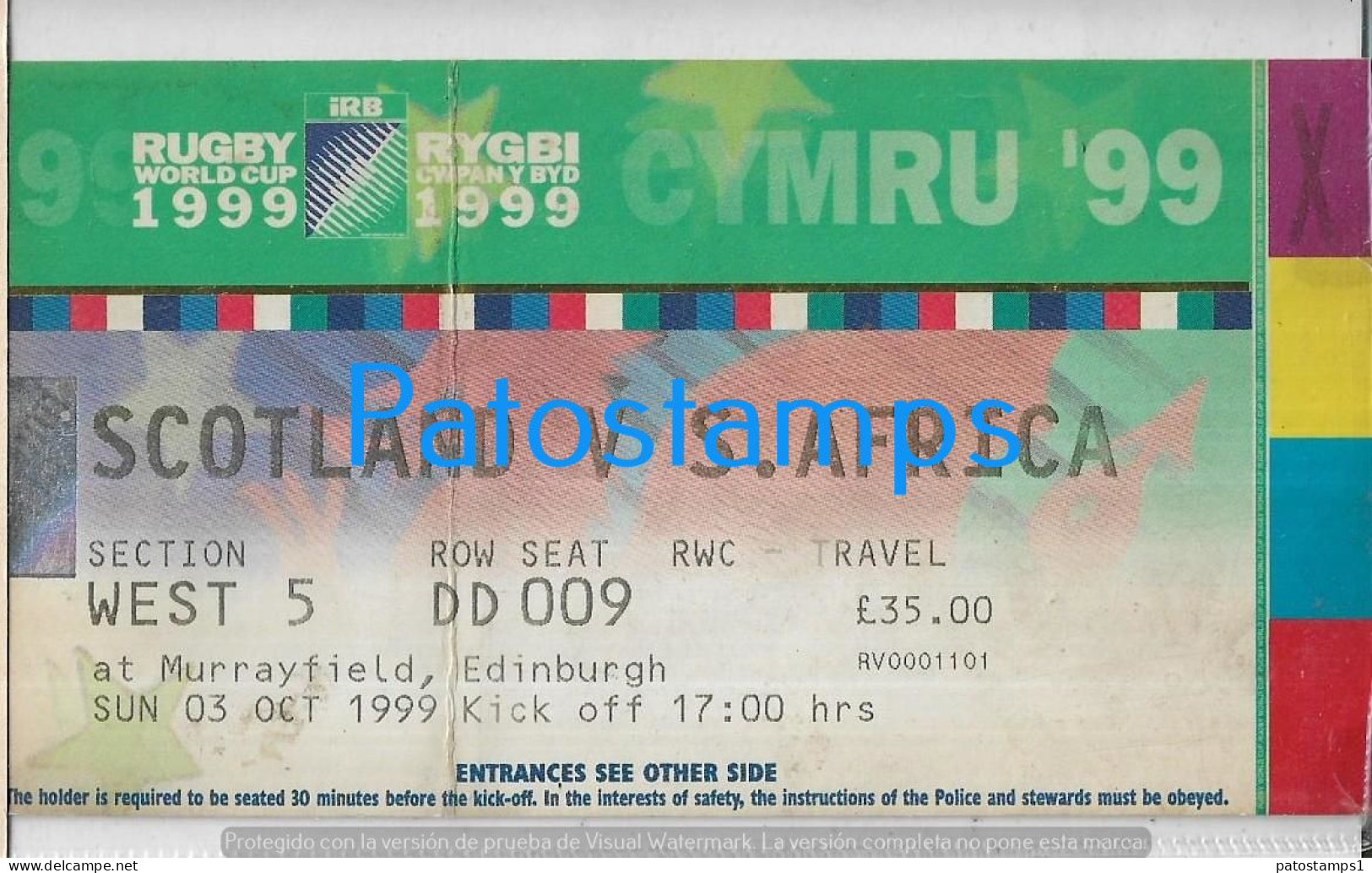 224275 UK EDINBURG SPORTS RUGBY WORLD CUP 1999 SCOTLAND VS S. AFRICA TICKET ENTRADA NO POSTAL POSTCARD - Rugby