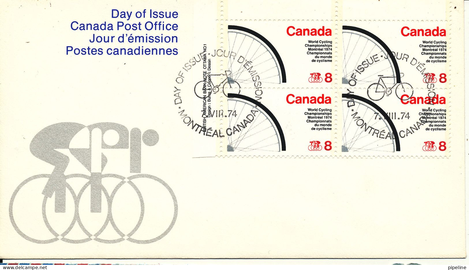 Canada FDC In A Block Of 4 7-8-1974 World Cycling Championship Montreal 1974 With Cachet - 1971-1980