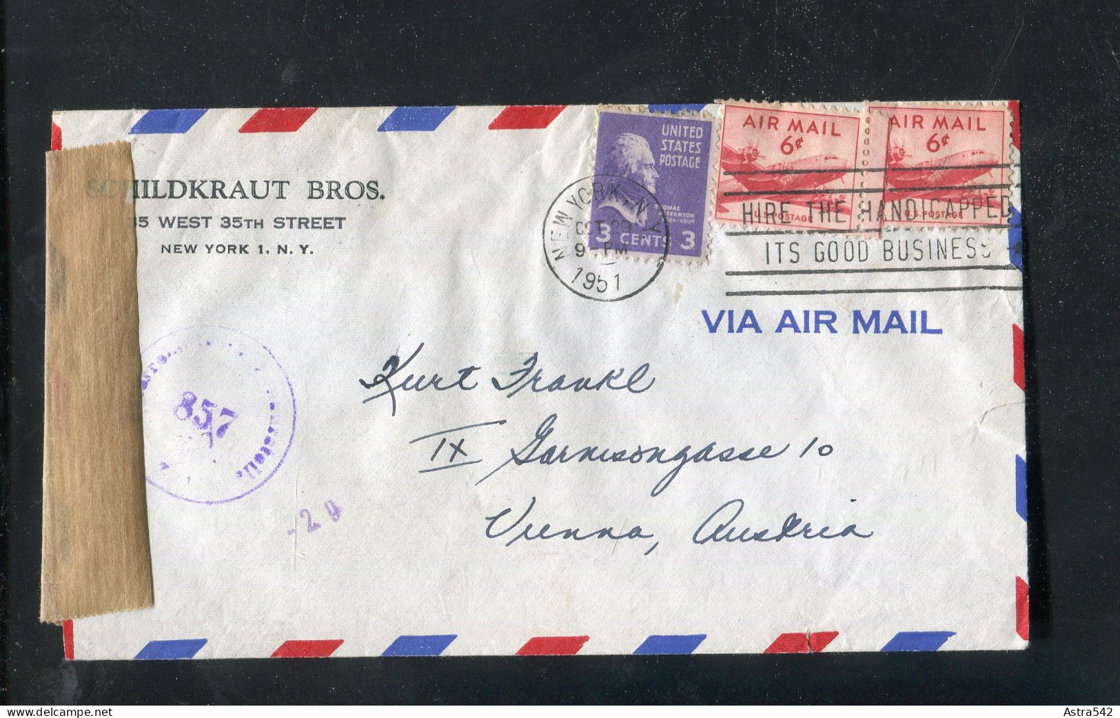 "USA" 1951, Brief Mit "ZENSUR" (Oesterreichische Zensurstelle) Nach Wien (50085) - Briefe U. Dokumente