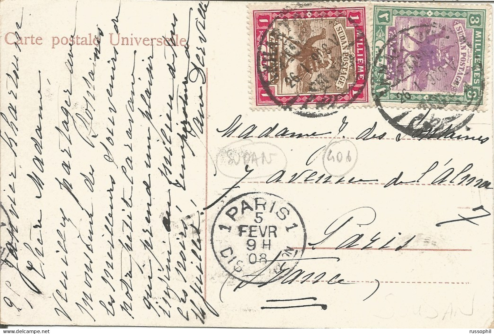 SUDAN - 4 MILL. FRANKING ON PC (VIEW OF OMDOURMAN) TO FRANCE - 1908 - Soedan (...-1951)