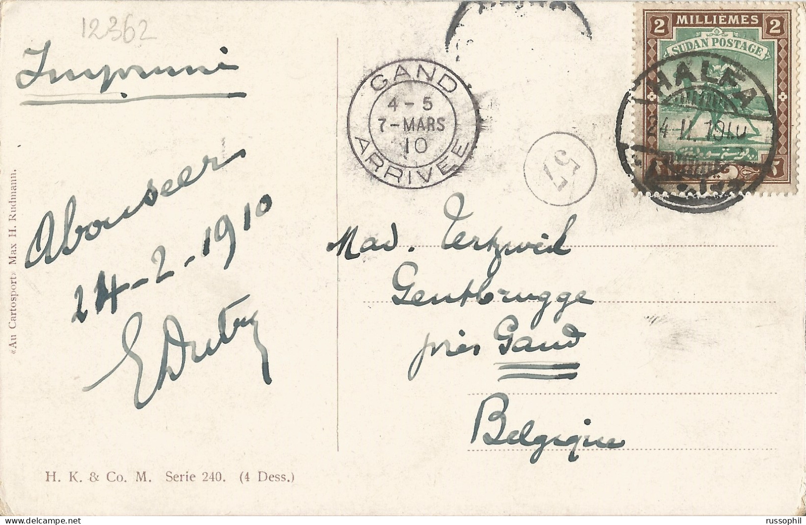 SUDAN - 2 MILL. FRANKING ON PC (VIEW OF EGYPT ) TO BELGIUM - 1910 - Soudan (...-1951)