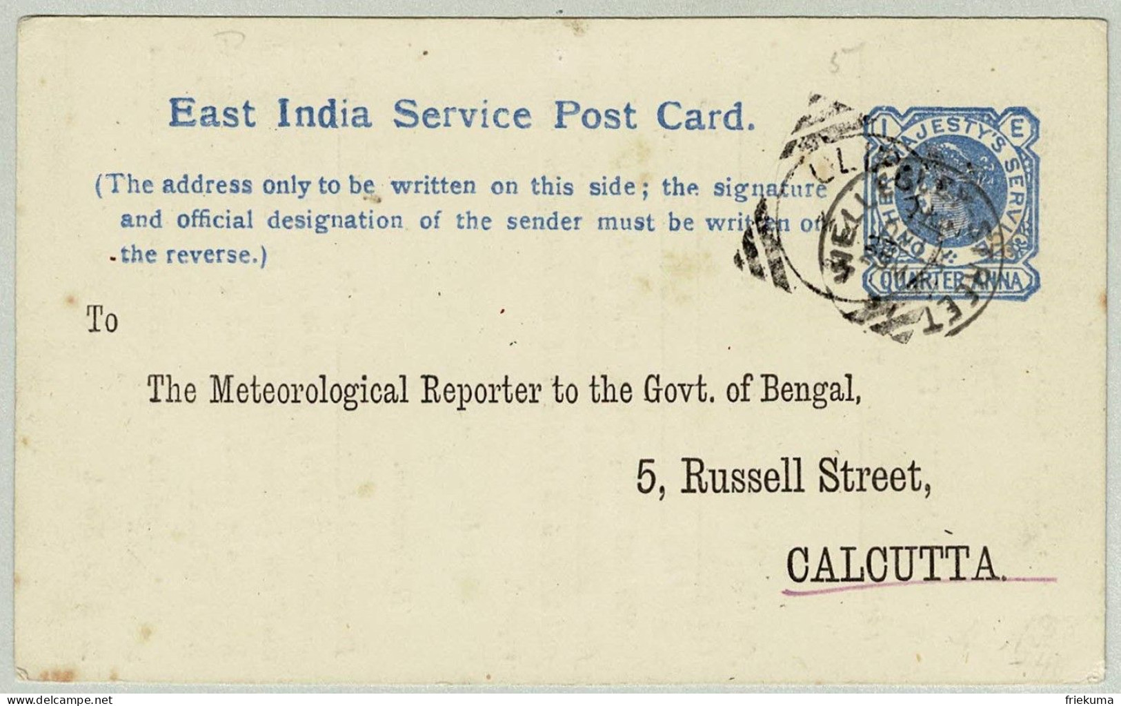 Indien / India 1891, East India Service Post Card Wellesley Calcutta, Rainfall Report, Niederschlag-Rapport - 1882-1901 Empire