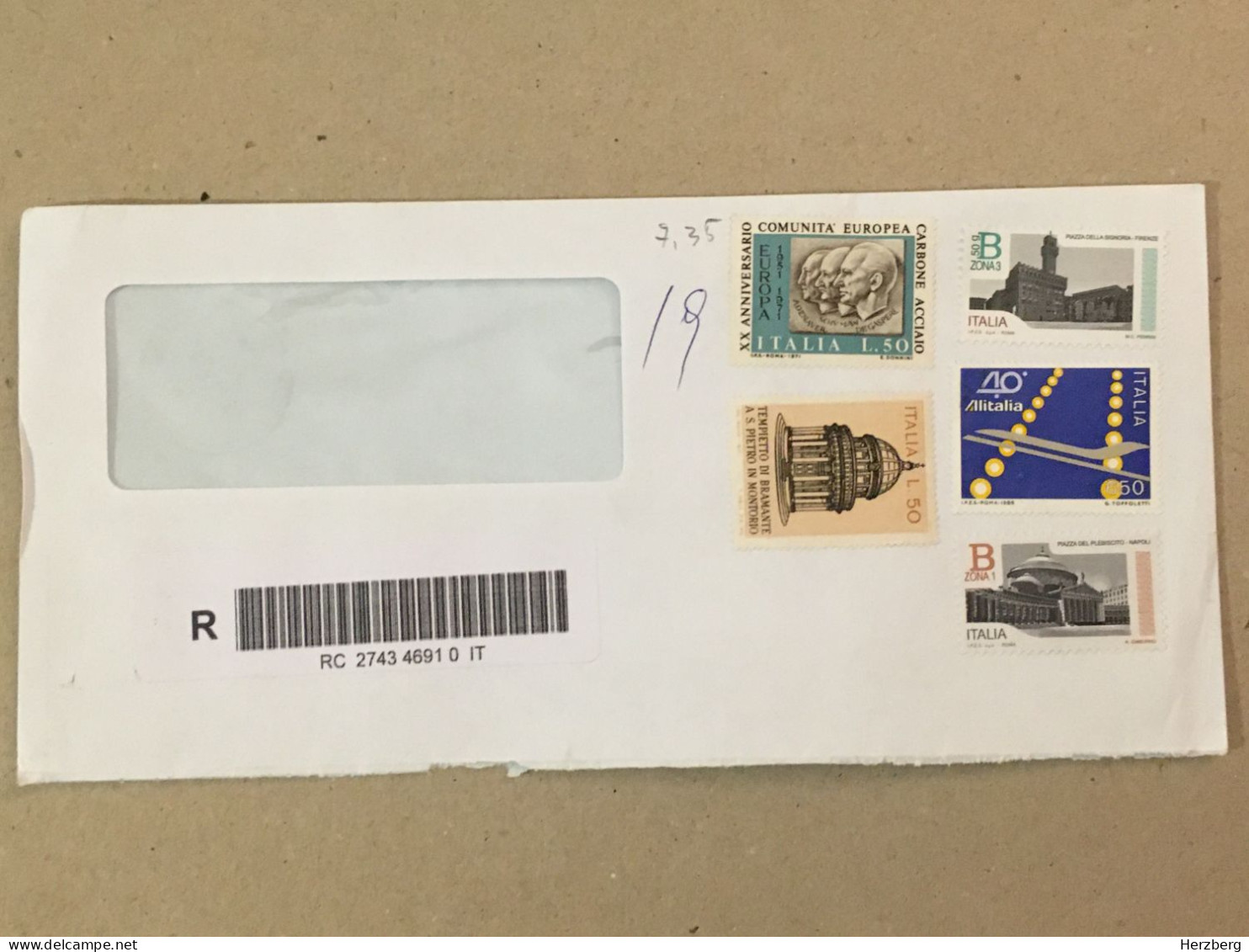 Italia Italy Used Letter Registered Barcode Label Printed Sticker 2023 Napoli Alitalia Firenze EU Tempietto San Pietro - 2021-...: Oblitérés