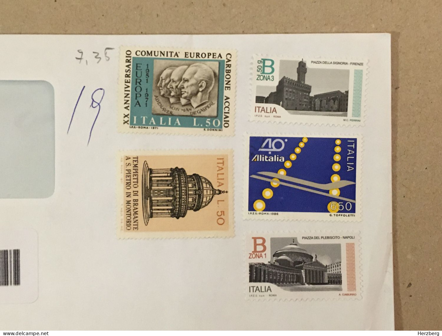 Italia Italy Used Letter Registered Barcode Label Printed Sticker 2023 Napoli Alitalia Firenze EU Tempietto San Pietro - 2021-...: Oblitérés