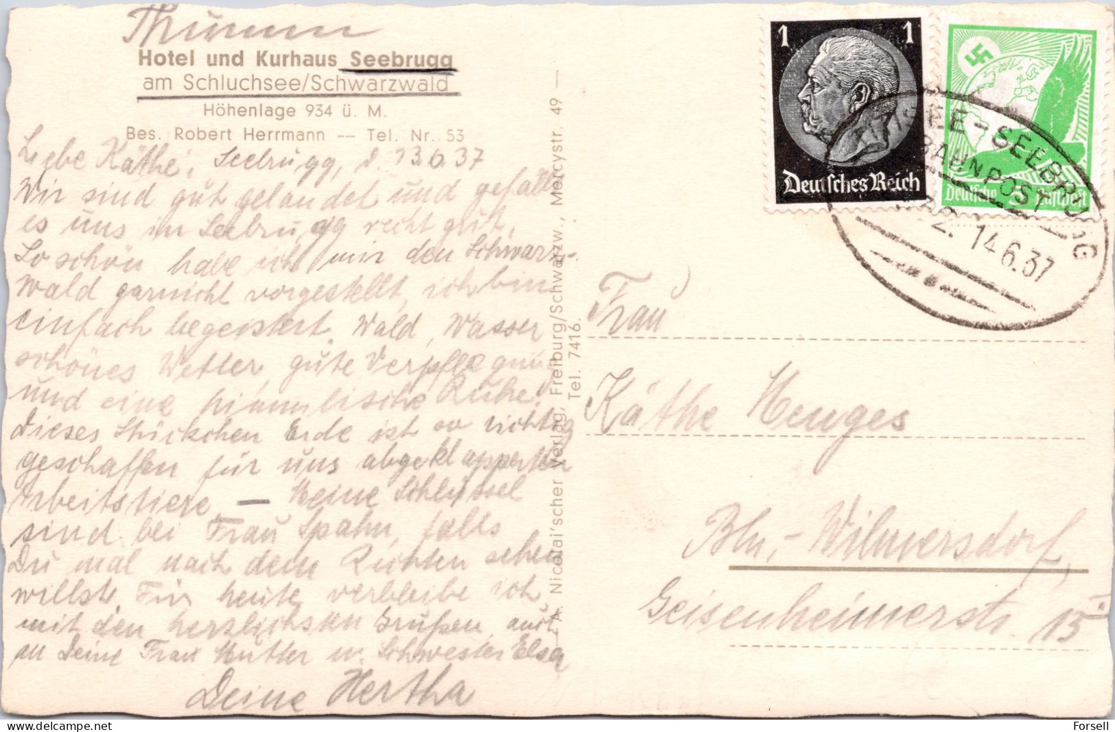 Kurhaus Seebrugg Am Schluchsee (Bahnpost Stempel: Titisee-Seebrugg 1937) - Schluchsee