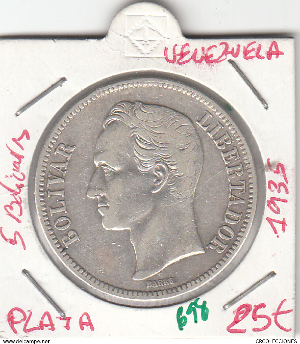 CR0698 MONEDA VENEZUELA PLATA 5 BOLIVARES 1935 25 - Autres – Amérique