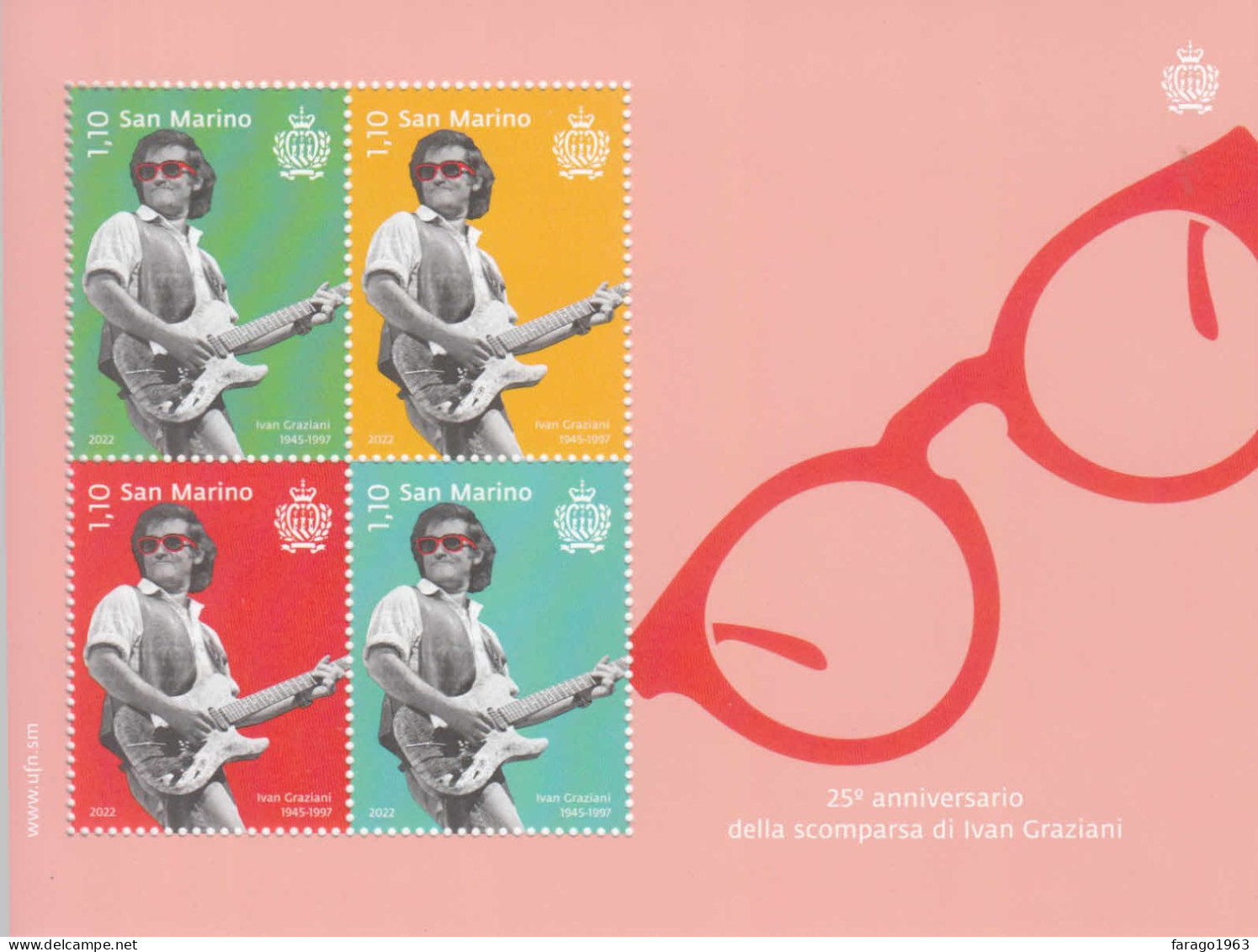 2022 San Marino Ivan Graziani Rock N Roll Guitars Music  Souvenir Sheet MNH @ BELOW FACE VALUE - Ungebraucht