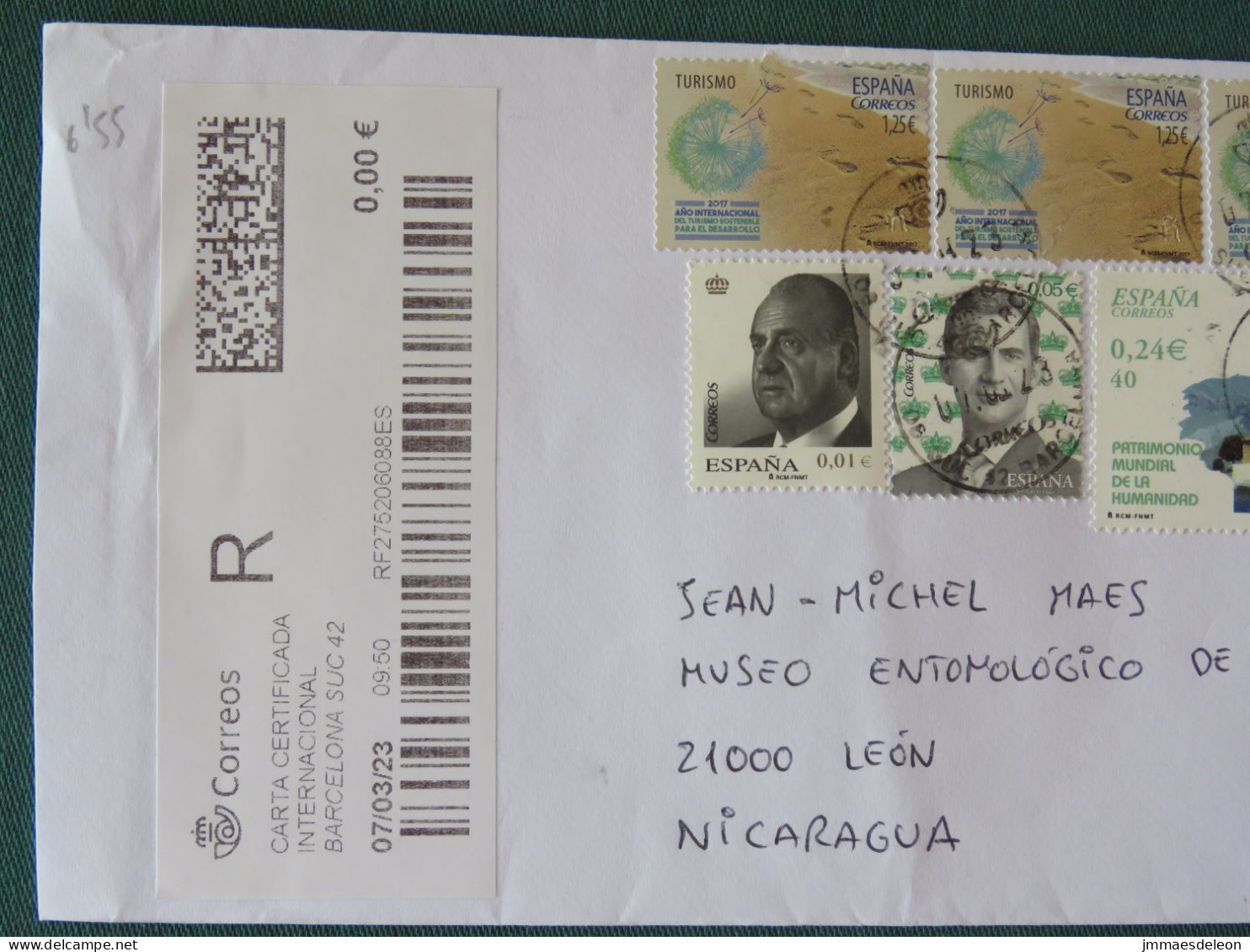 Spain 2023 Registered Cover To Nicaragua - Tourism Flower Seeds Church - Lettres & Documents