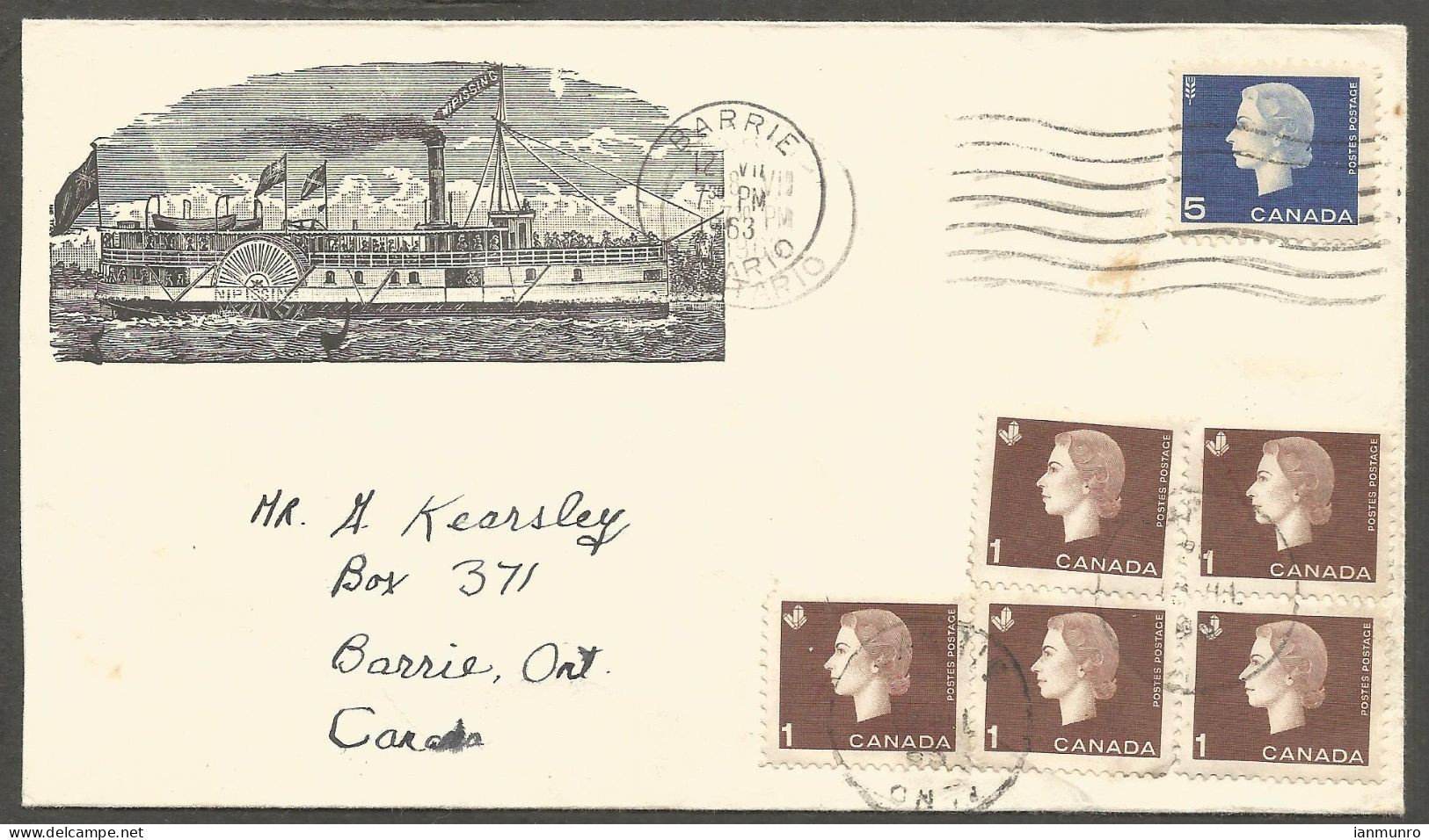 1963 Nipissing Steamboat Illustrated Cover 10c Cameos Barrie Ontario Local - Postal History