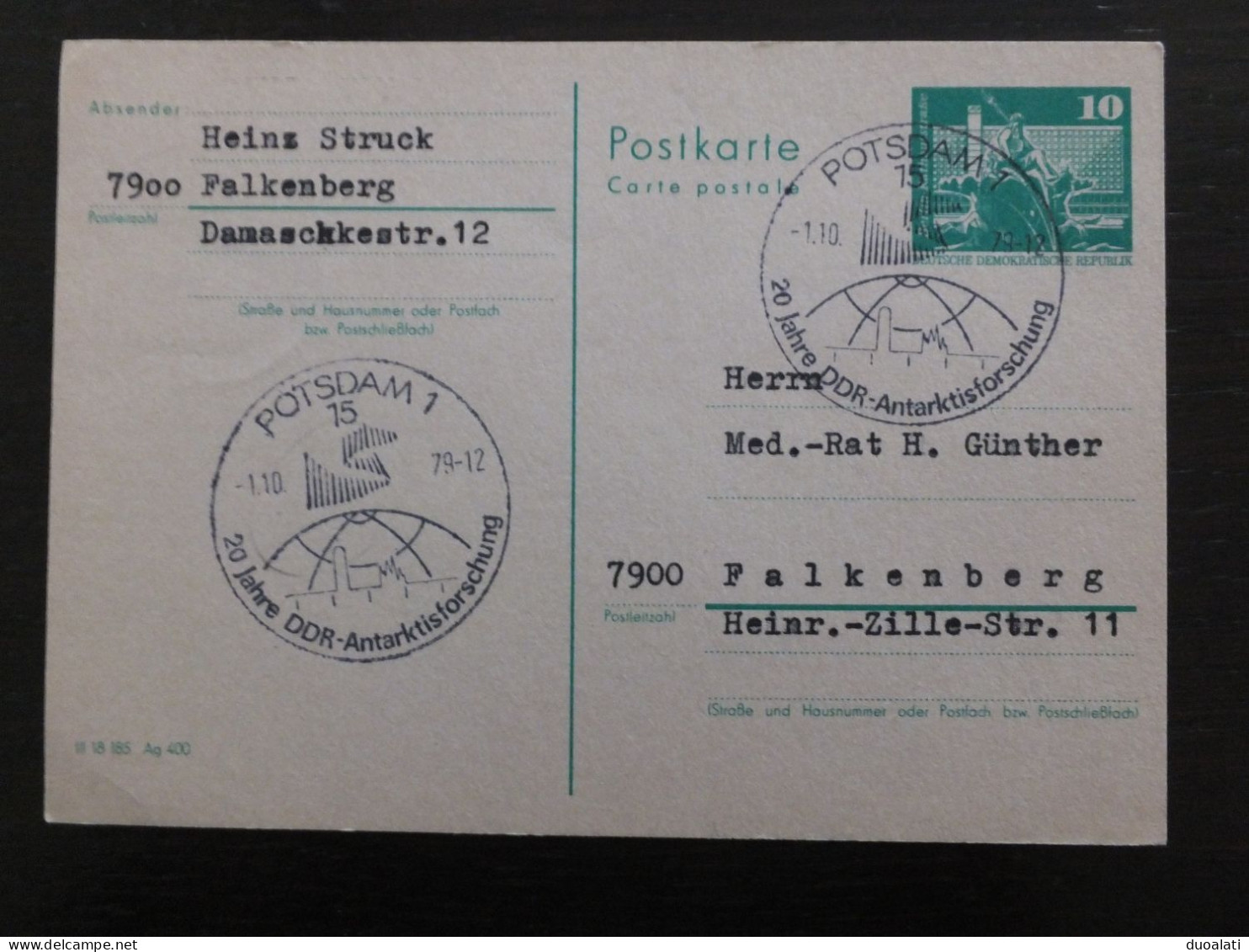 DDR GDR Germany 1979 Stationery 20 Years Of GDR Antarctic Research Ganzsache 20 Jahre DDR Antarktisforschung Postdam - Postales - Usados