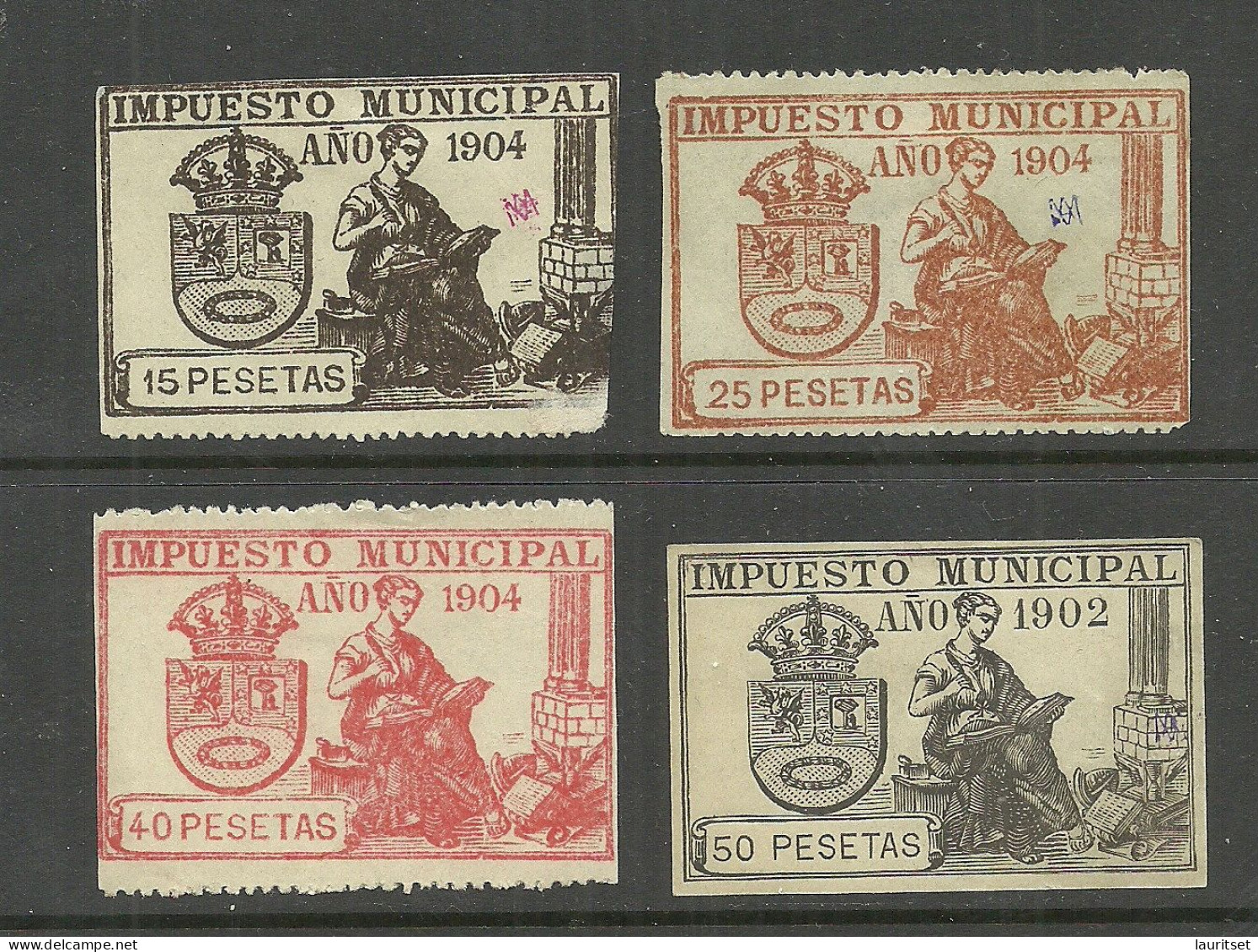 ESPANA Spain 1902 & 1904 Impuesto Municipal Madrid Tax Impuesto Revenue Taxe, 4 Stamps * - Fiscali-postali
