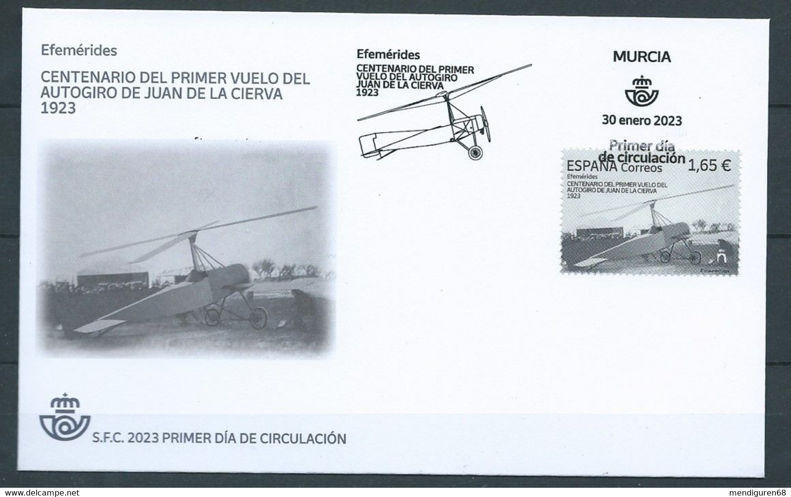 ESPAGNE SPANIEN SPAIN ESPAÑA 2023 CENT FIRST FLIGHT JUAN DE LA CIERVA'S AUTOGIRO FDC ED 5630 MI 5681 YT 5386 SN 4664 - FDC