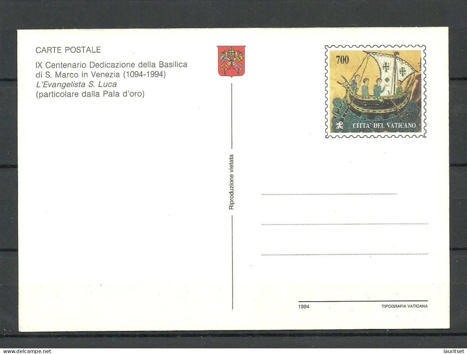 VATICAN Vatikan 1994 Postal Stationery Post Card Ganzsache, Unused Art Kunst Basilica Di S. Marco Venezia Venice - Entiers Postaux
