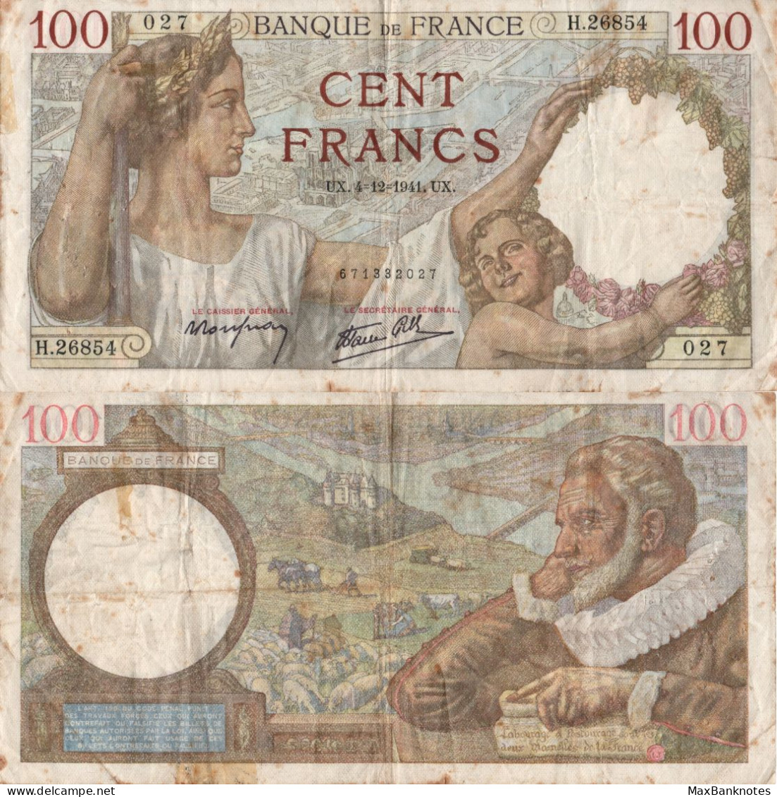 France / 100 Francs / 1941 / P-94(a) / VF - 100 F 1939-1942 ''Sully''