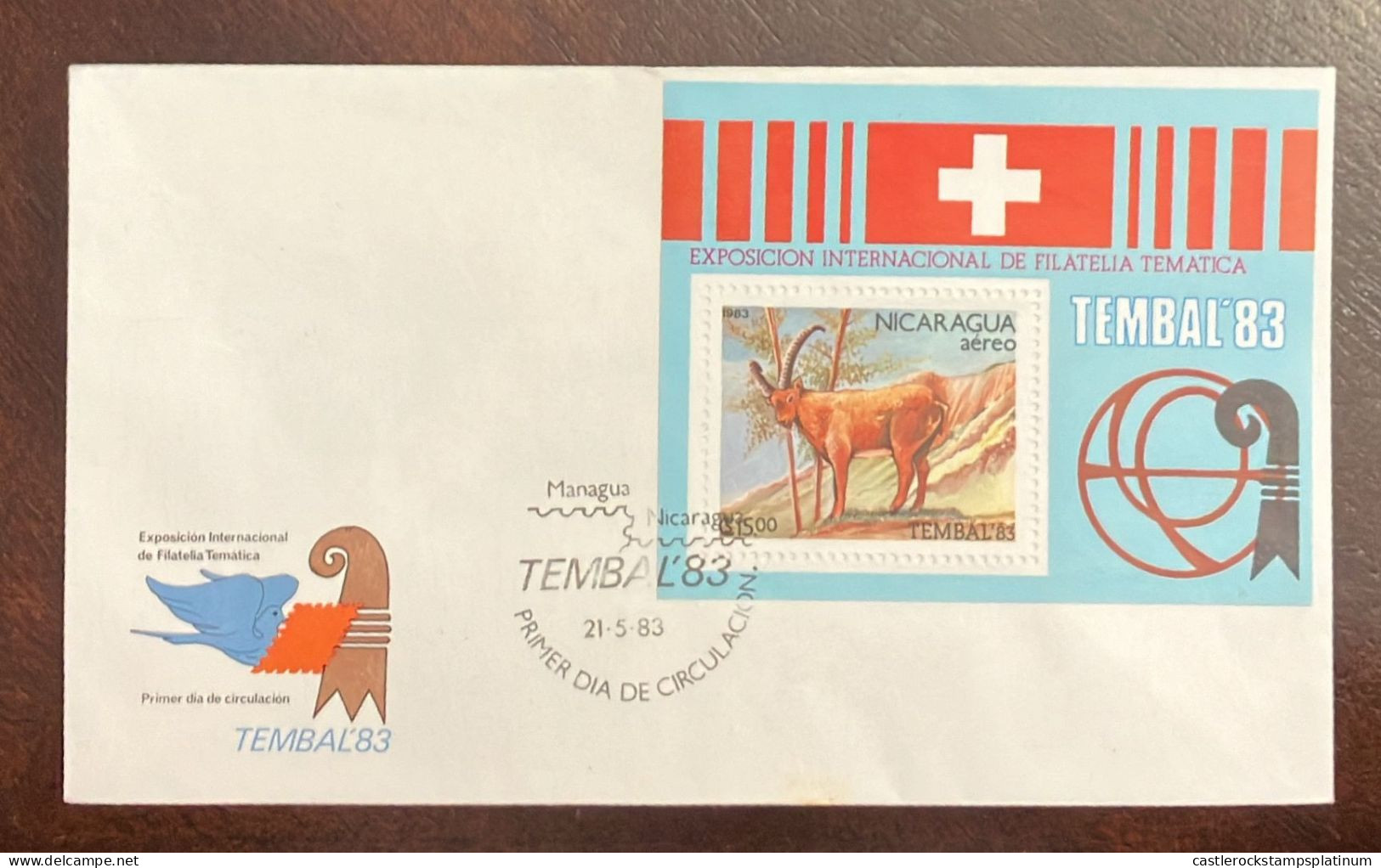 O) 1983 NICARAGUA, TEMBAL, PHILATELIC EXHIBITION BASEL, SWITZERLAND, DEER, FDC XF - Nicaragua