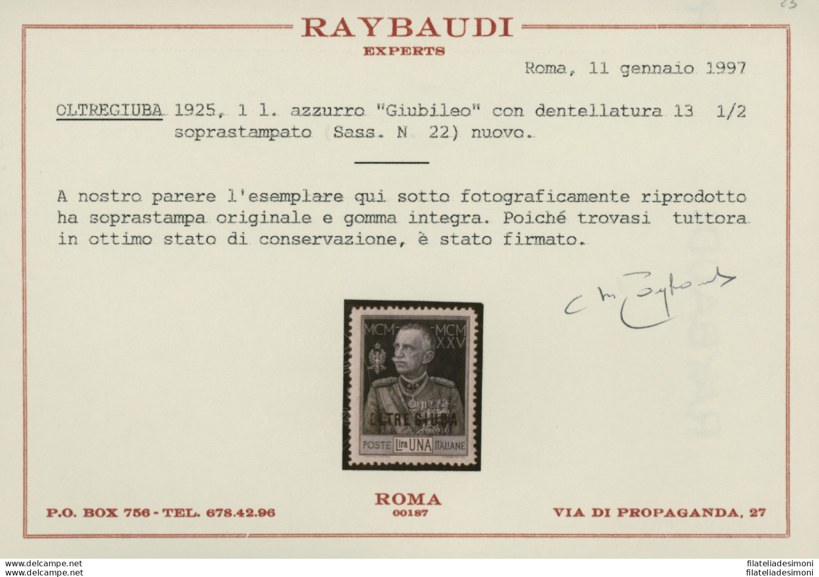 1925-26 Oltre Giuba, N. 22, 1 Lira Azzurra Dentellata 13 1/2, 1 Valore, MNH** - Oltre Giuba