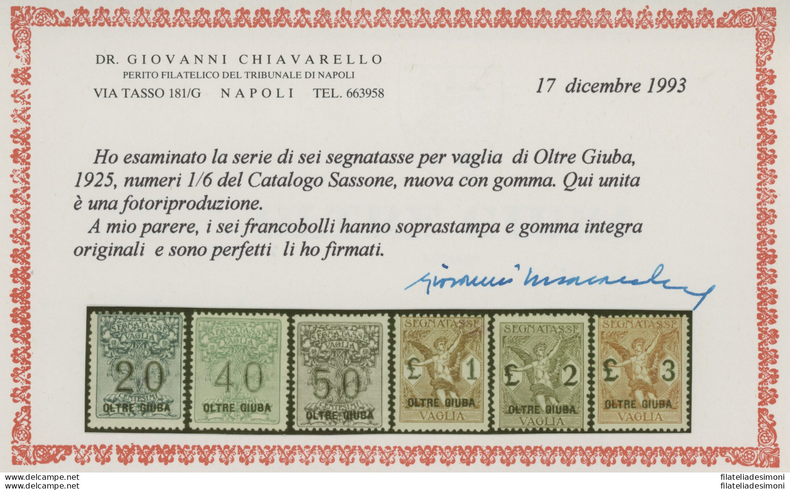 1925 Oltre Giuba, Tasse E Vaglia N. 1/6, 6 Valori, MNH** - Oltre Giuba