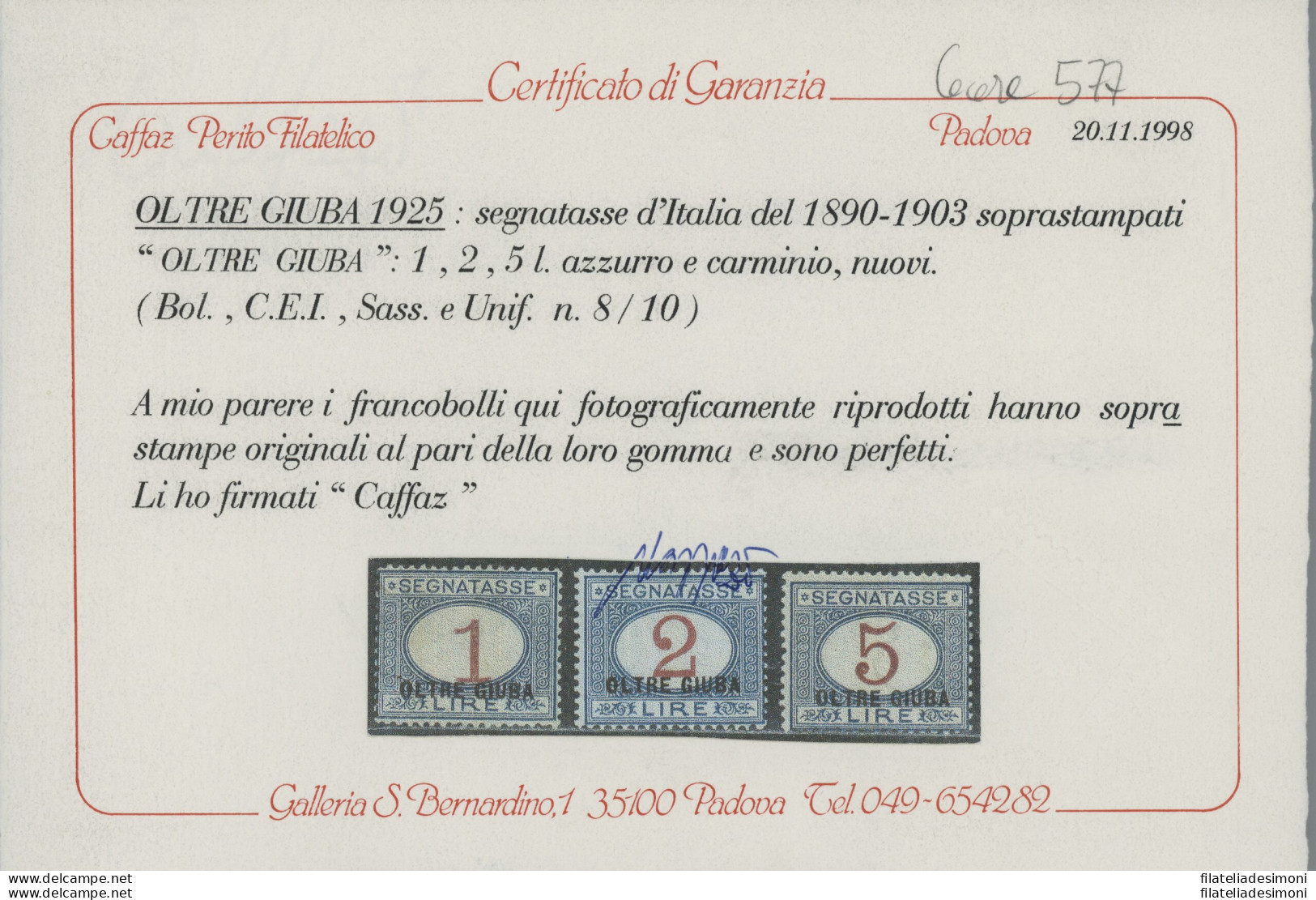 1925 Oltre Giuba, Segnatasse N. 1/10, 10 Valori - MNH** - Oltre Giuba