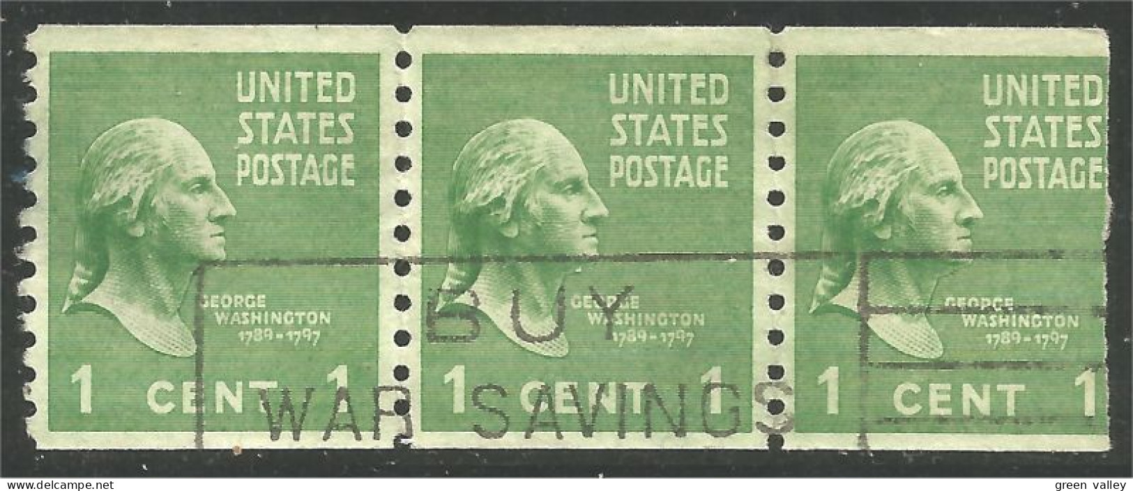 XW01-0413 USA President George Washington 1c Vert Green Roulette Coil Strip/3 - Strips & Multiples