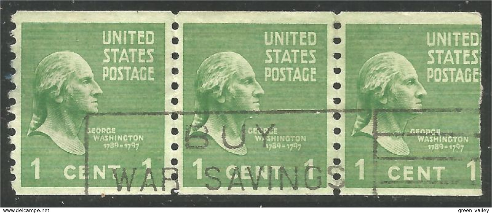 XW01-0413 USA President George Washington 1c Vert Green Roulette Coil Strip/3 - Bandes & Multiples