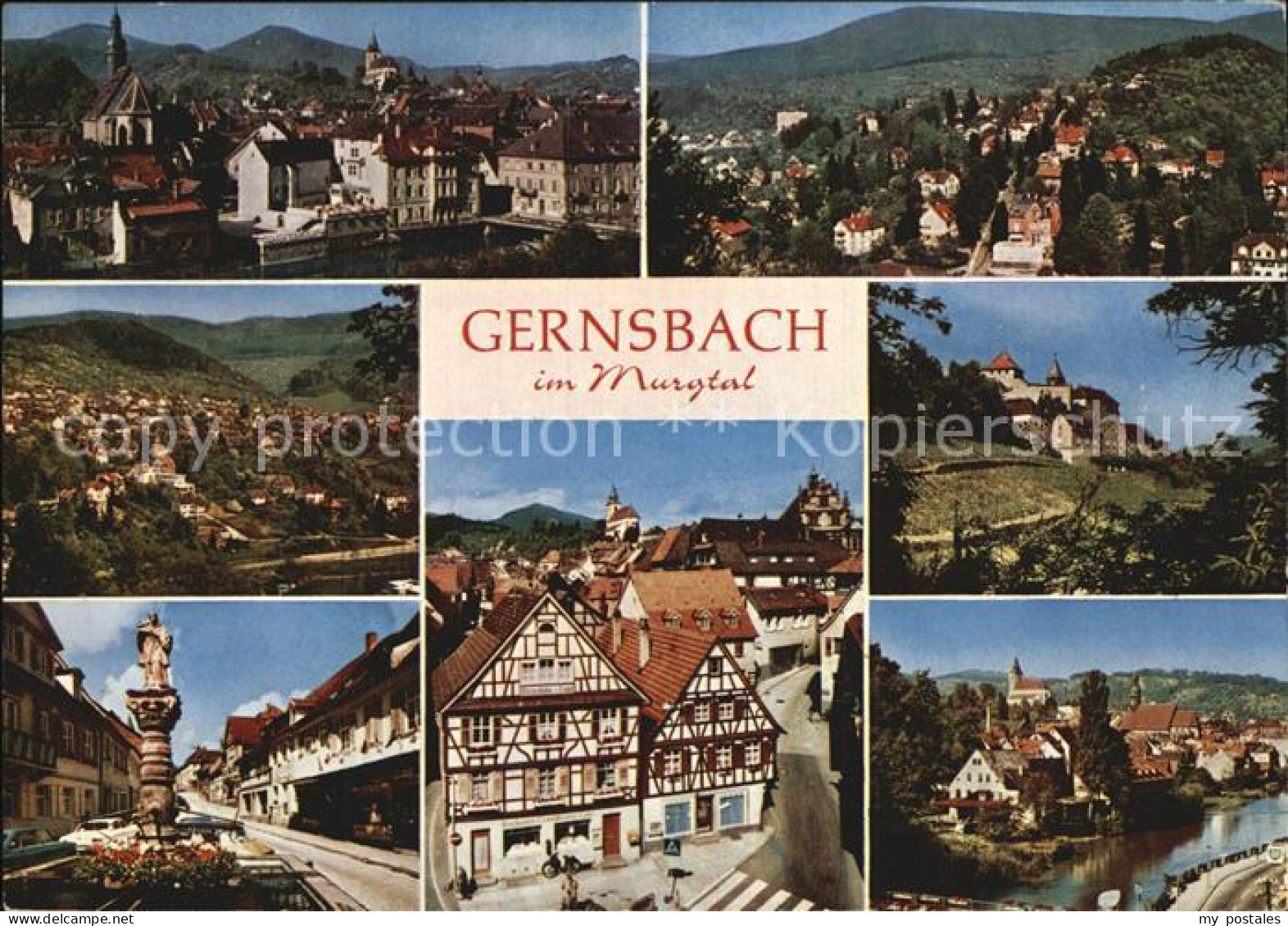 72529158 Gernsbach Teilansicht Panorama Brunnen Fachwerkhaeuser Kirche Schloss G - Gernsbach