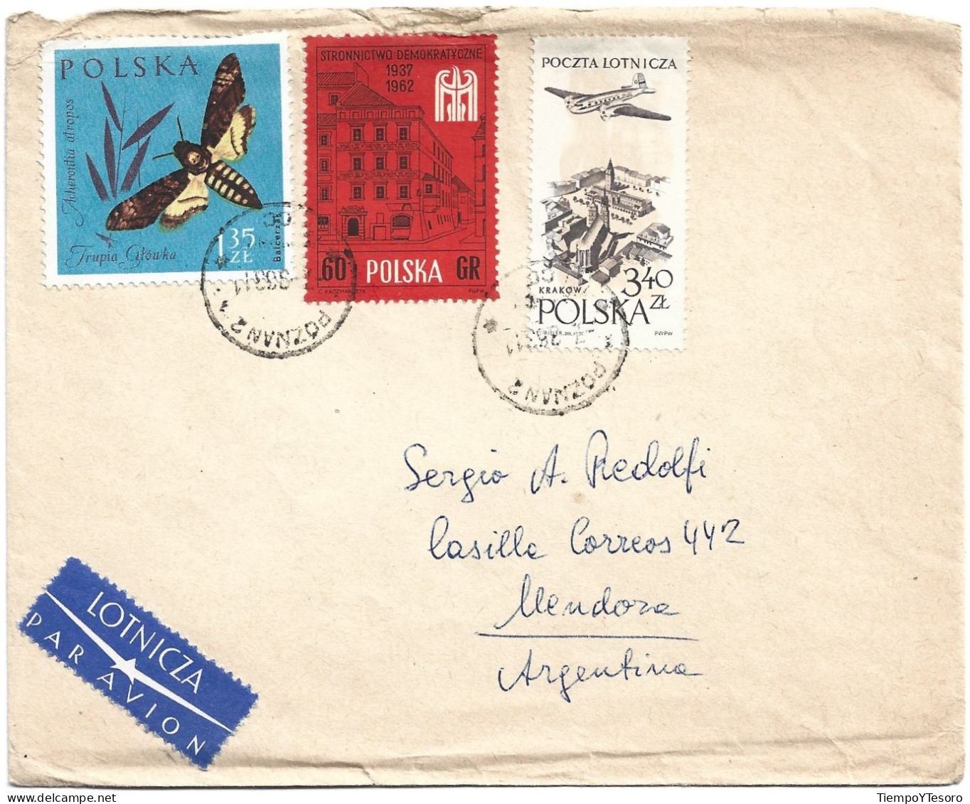 Correspondence - Poland To Argentina, Poczta Lotnicza Stamp, N°1039 - Airplanes