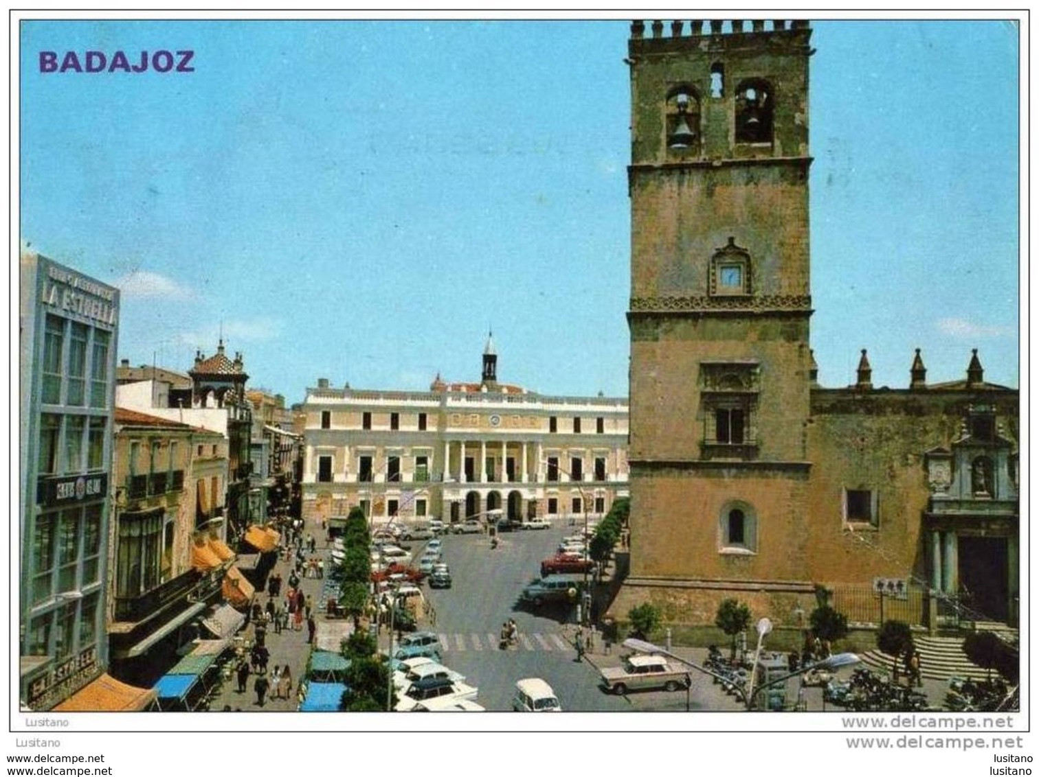 Badajoz - Plaza De España Y Catedral - Sello Stamp Timbre Cars Voitures - Badajoz