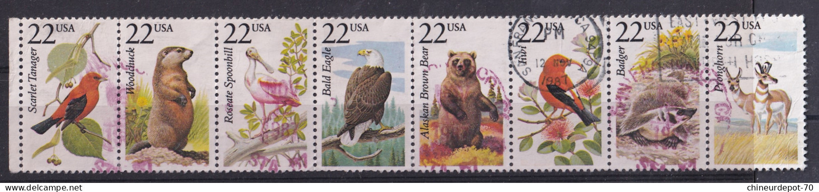 Scarlet Tanager Woodchuck Roseate Spoonbill Bald Eagle Alaskan Brown Bear Pronghorn - Used Stamps