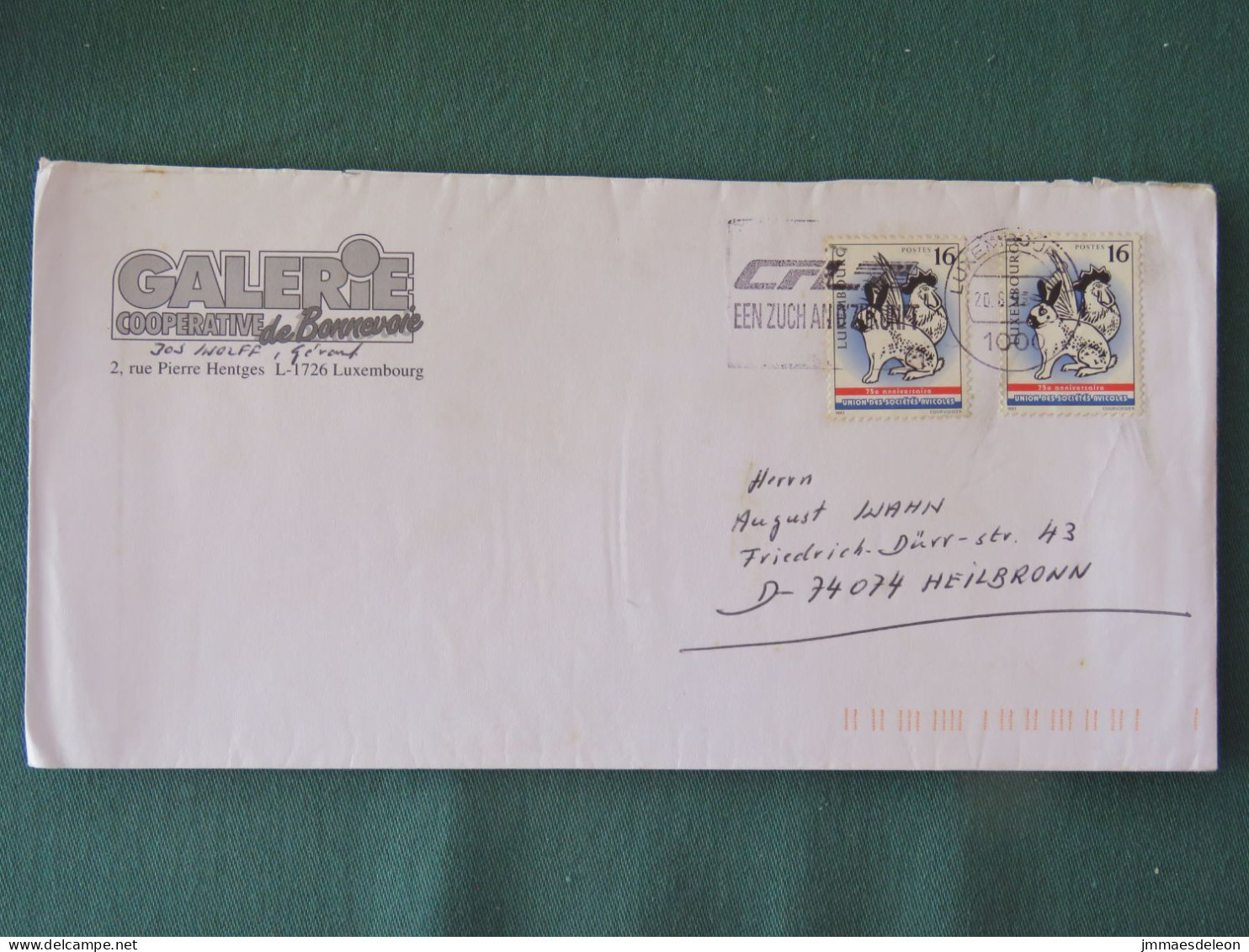 Luxembourg 1997 Cover To Germany - Rabbit Rooster - CFLZ Slogan - Briefe U. Dokumente