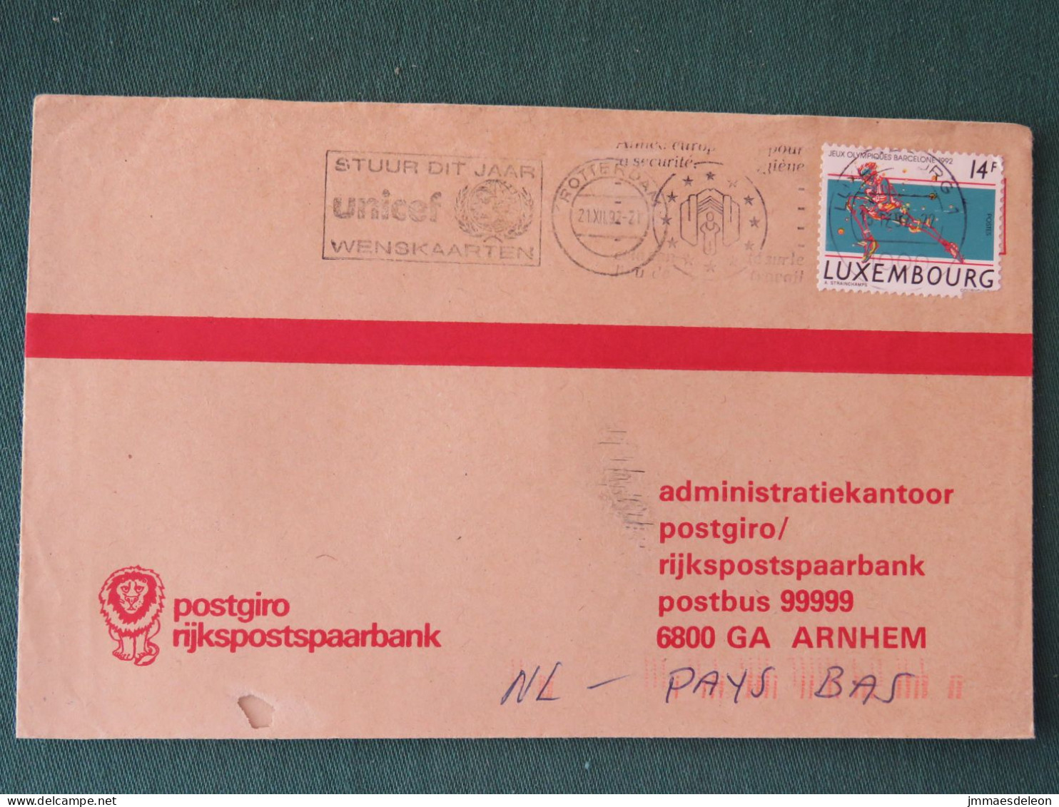 Luxembourg 1992 Cover To Holland - Olympic Games Barcelona - UNICEF Slogan - Storia Postale