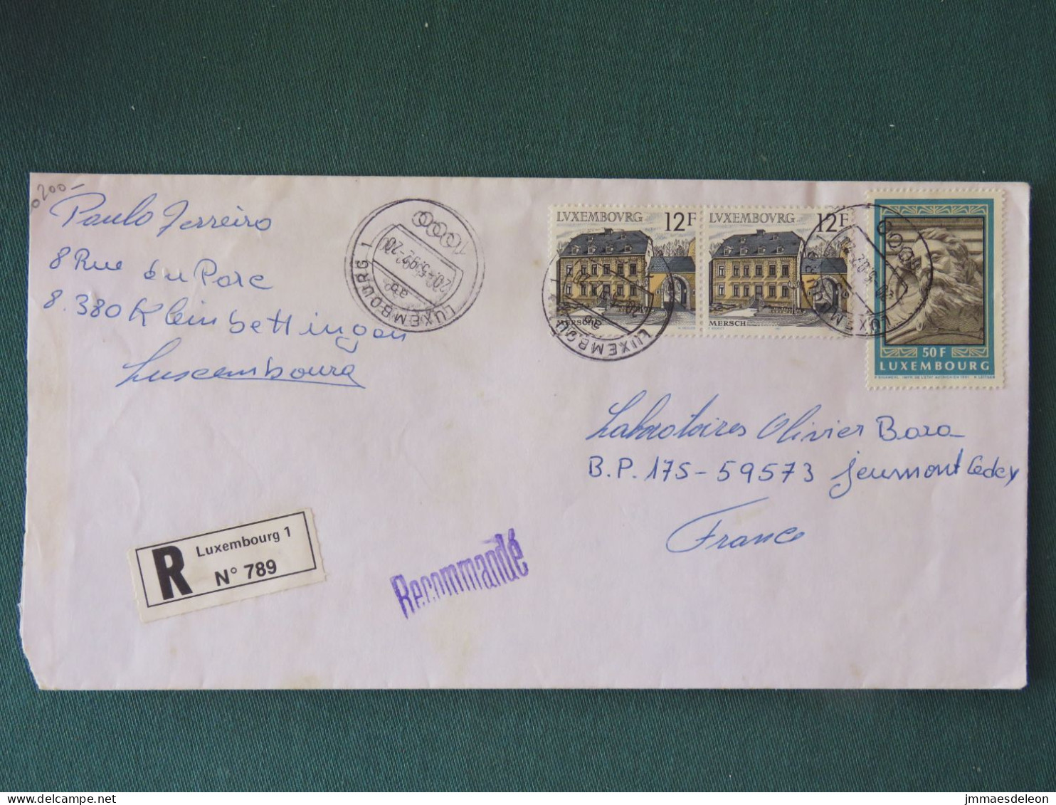 Luxembourg 1992 Registered Cover To France - Gargoyles - Mersch Health Center - Lettres & Documents