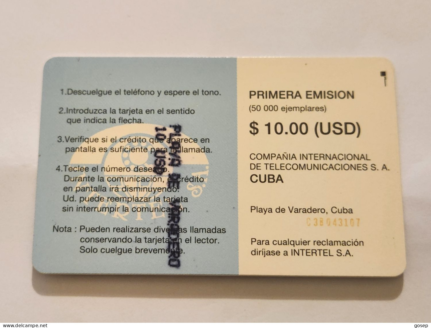 CUBA-(CU-ETE-0001Bb)-Playa De Varadero-Cuba Primera Emision-(1)-($10)-(03B043107)-used Card+1card Prepiad Free - Cuba