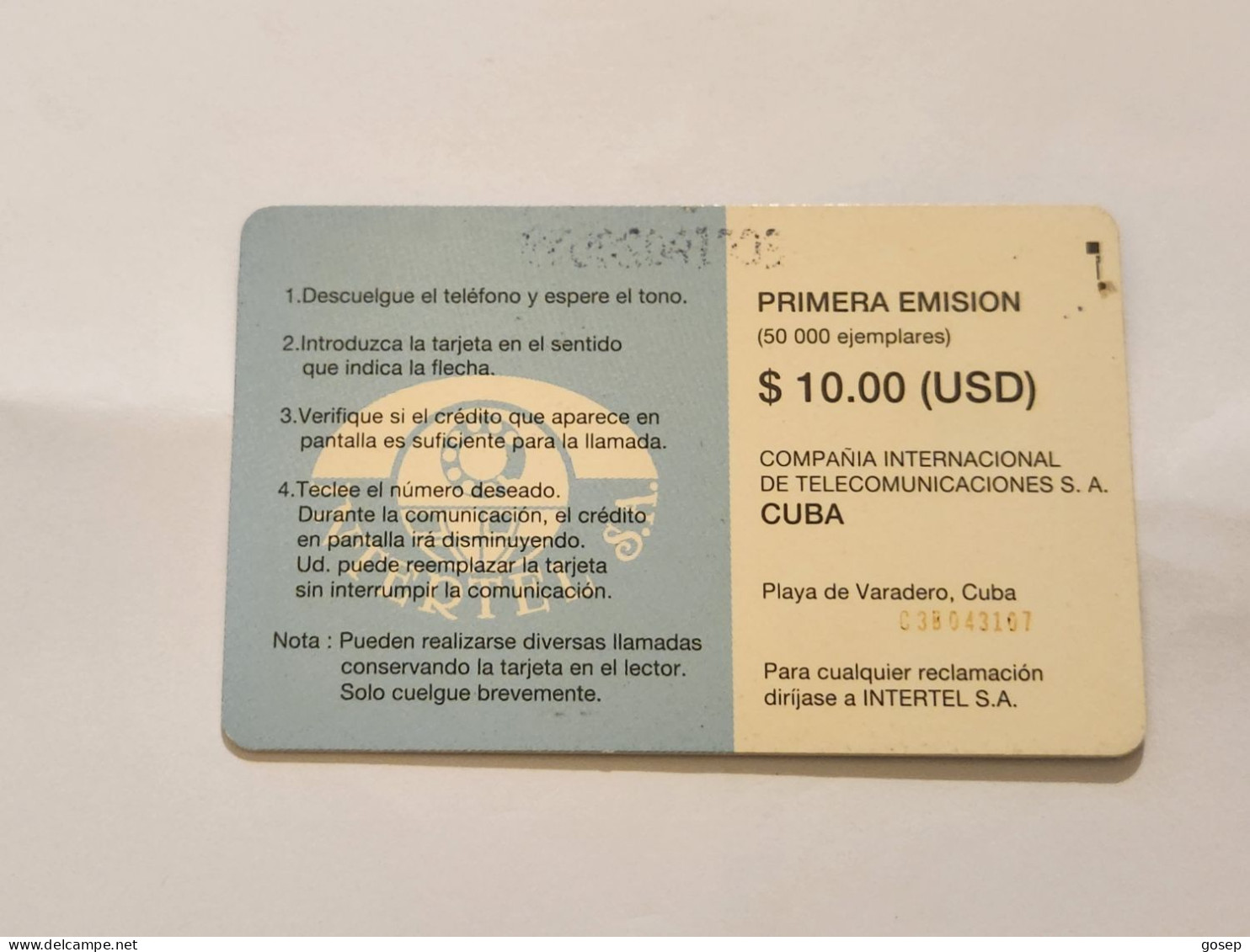 CUBA-(CU-ETE-0001Bb)-Playa De Varadero-Cuba Primera Emision-(2)-($10)-(03B043107)-used Card+1card Prepiad Free - Cuba