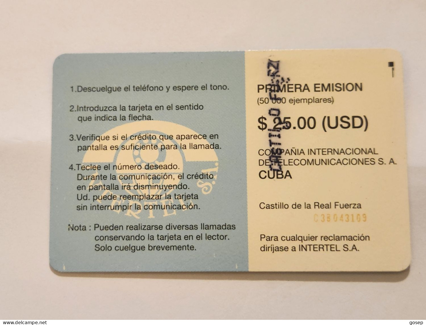 CUBA-(CU-ETE-0002Aa)-Castillo De La Real Fuerza-(3)-($25)-(03B043109)-used Card+1card Prepiad Free - Kuba