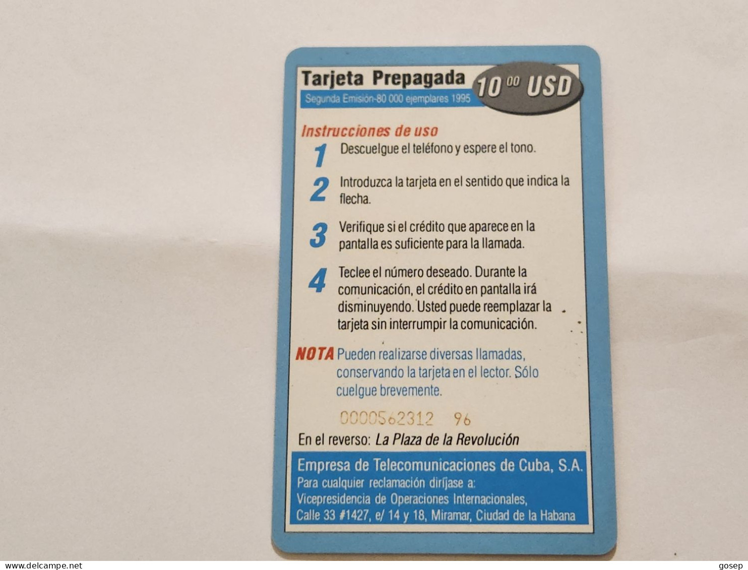CUBA-(CU-ETE-0005B)-La Plaza De La Revolución-(5)-($10)-(0000562312)-used Card+1card Prepiad Free - Kuba