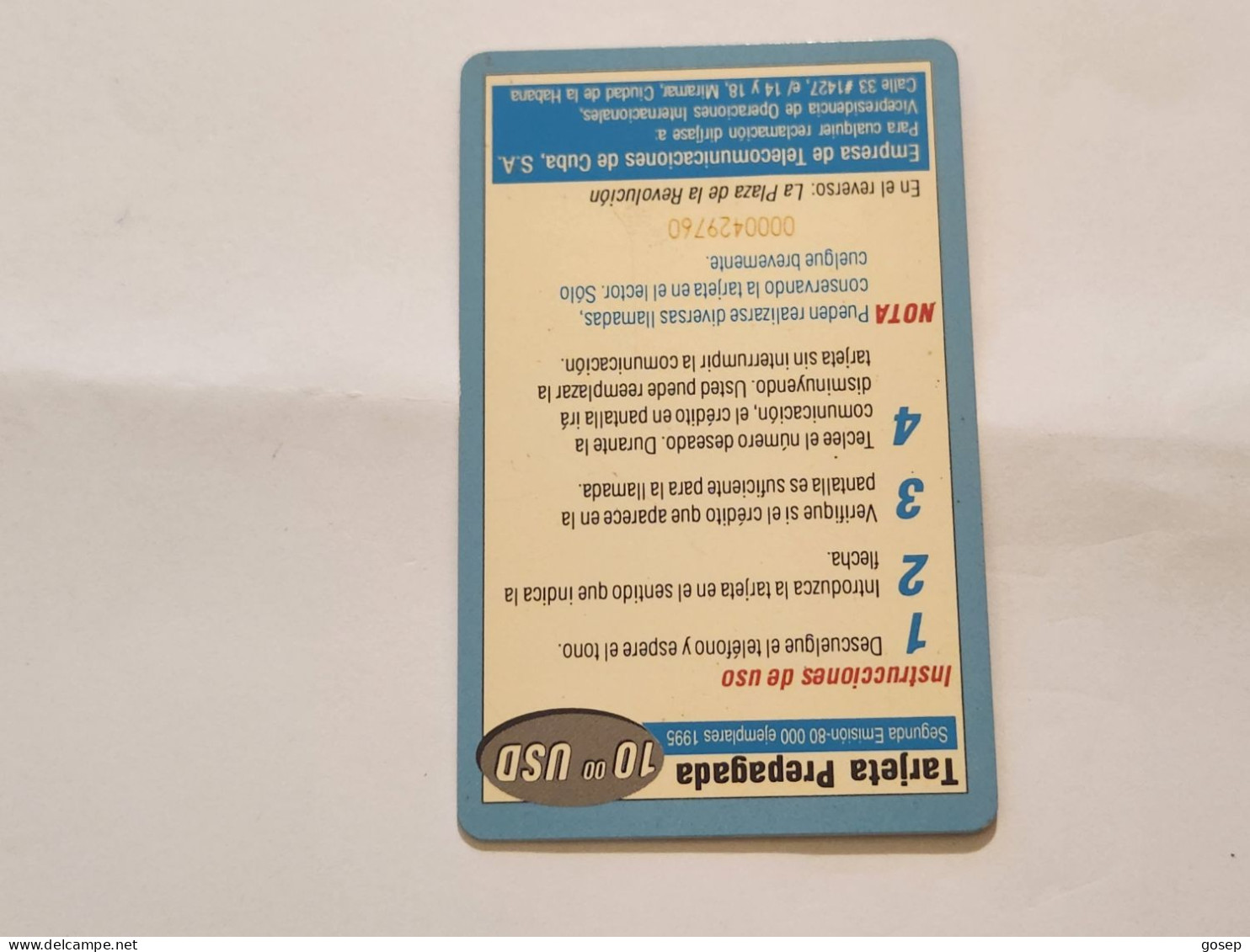 CUBA-(CU-ETE-0005B-1)-La Plaza De-Reverse Image-(8)-($10)-(0000429760)-used Card+1card Prepiad Free - Kuba