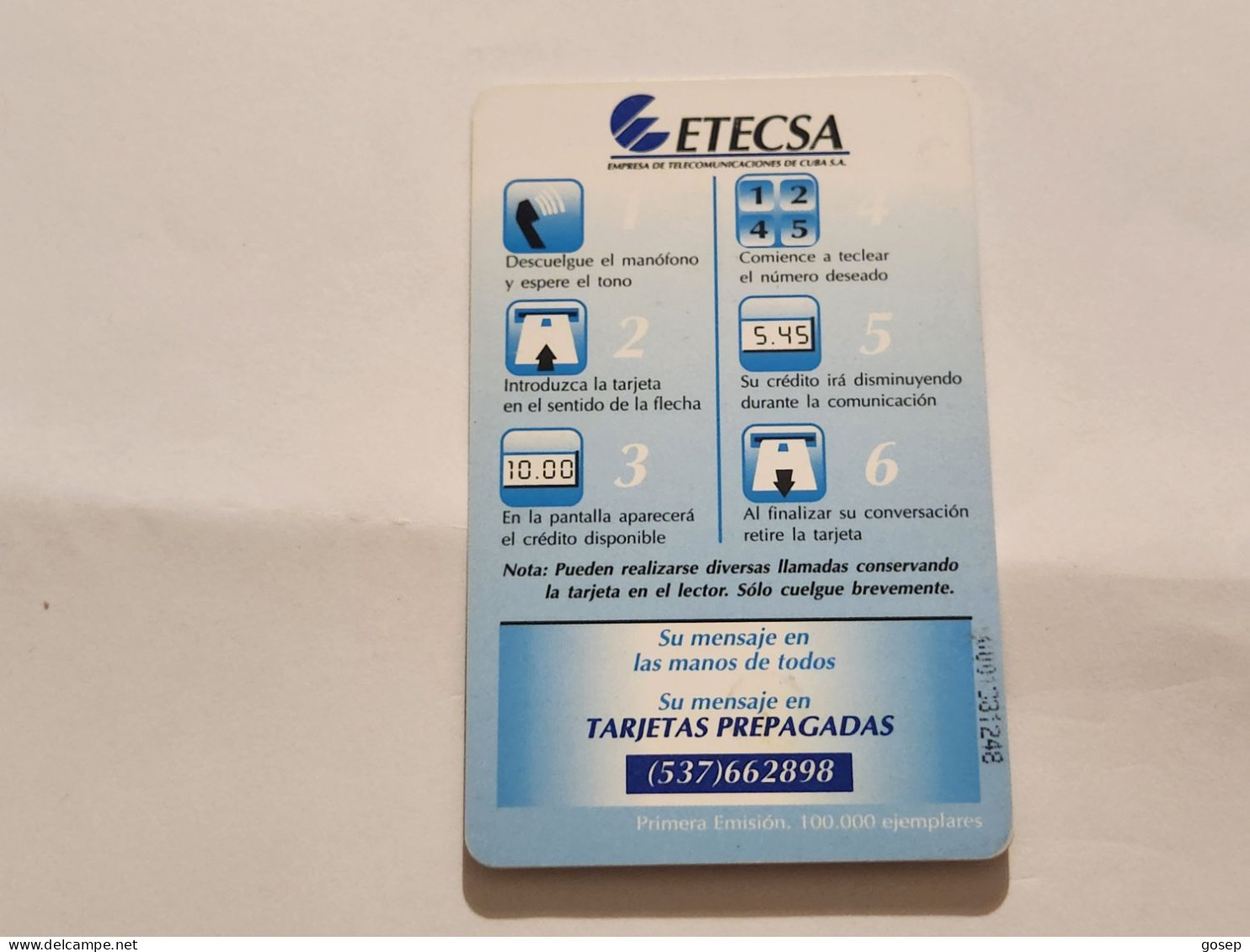 CUBA-(CU-ETE-0018B)-Banco Financiero-(15)-($10)-(0001931248)-used Card+1card Prepiad Free - Cuba