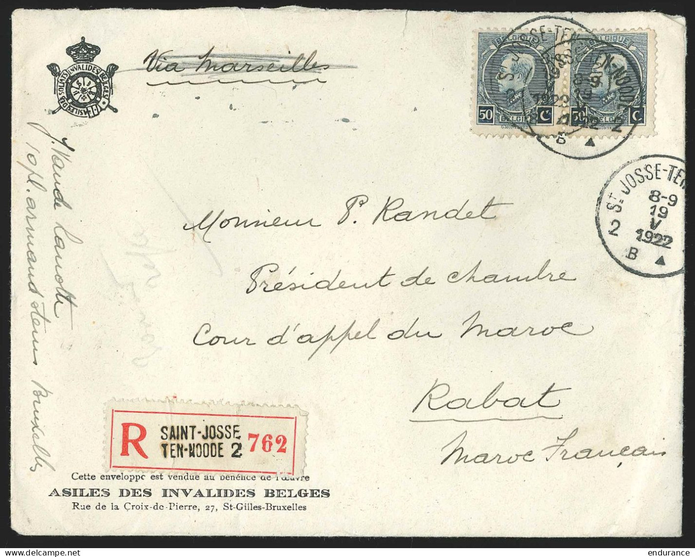 L. Recomm. Affr. N°211 X2 De ST JOSSE-TEN-NOODE/1922 Pour Rabbat (Maroc). Bonne Destination - 1921-1925 Kleine Montenez