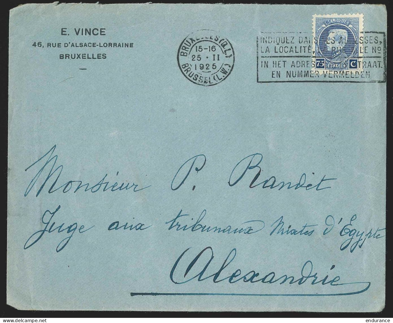 L. Affr. N°211 De BRUXELLES/1925 Pour Alexandrie (Egypte) + Vignette "Voyage François / Bruxelles" - 1921-1925 Petit Montenez