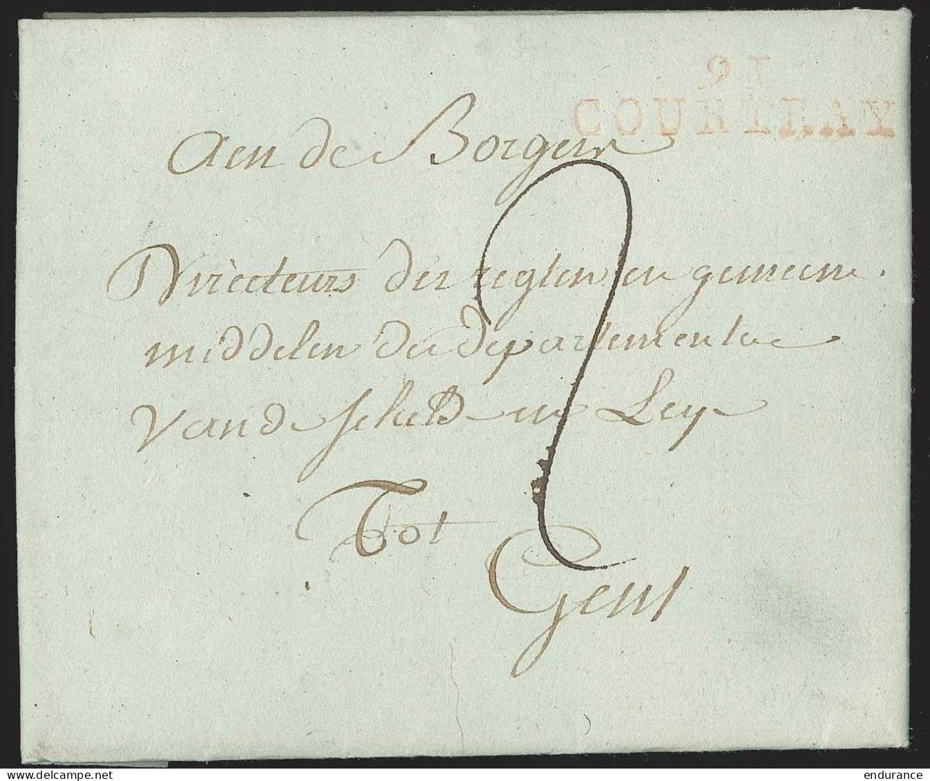 L. Marque Rouge 9I/COURTRAY + "2" Pour Gent - 1794-1814 (Periodo Frances)