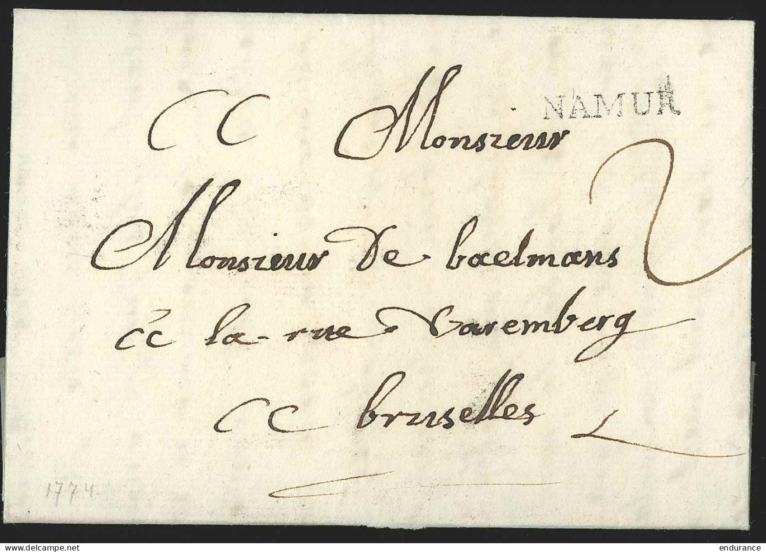L. 1774 Marque NAMUR + "2" Pour Bruxelles - 1714-1794 (Oesterreichische Niederlande)