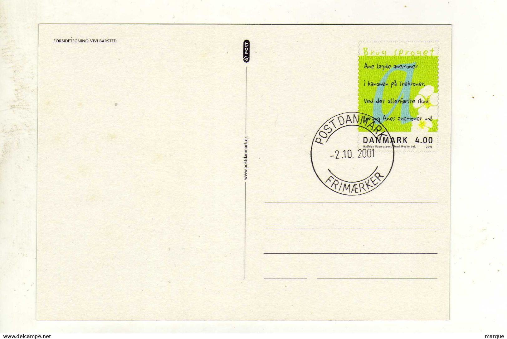 Entier Postal DANEMARK DANMARK Oblitération POST DANMARK 02/10/2001 - Entiers Postaux