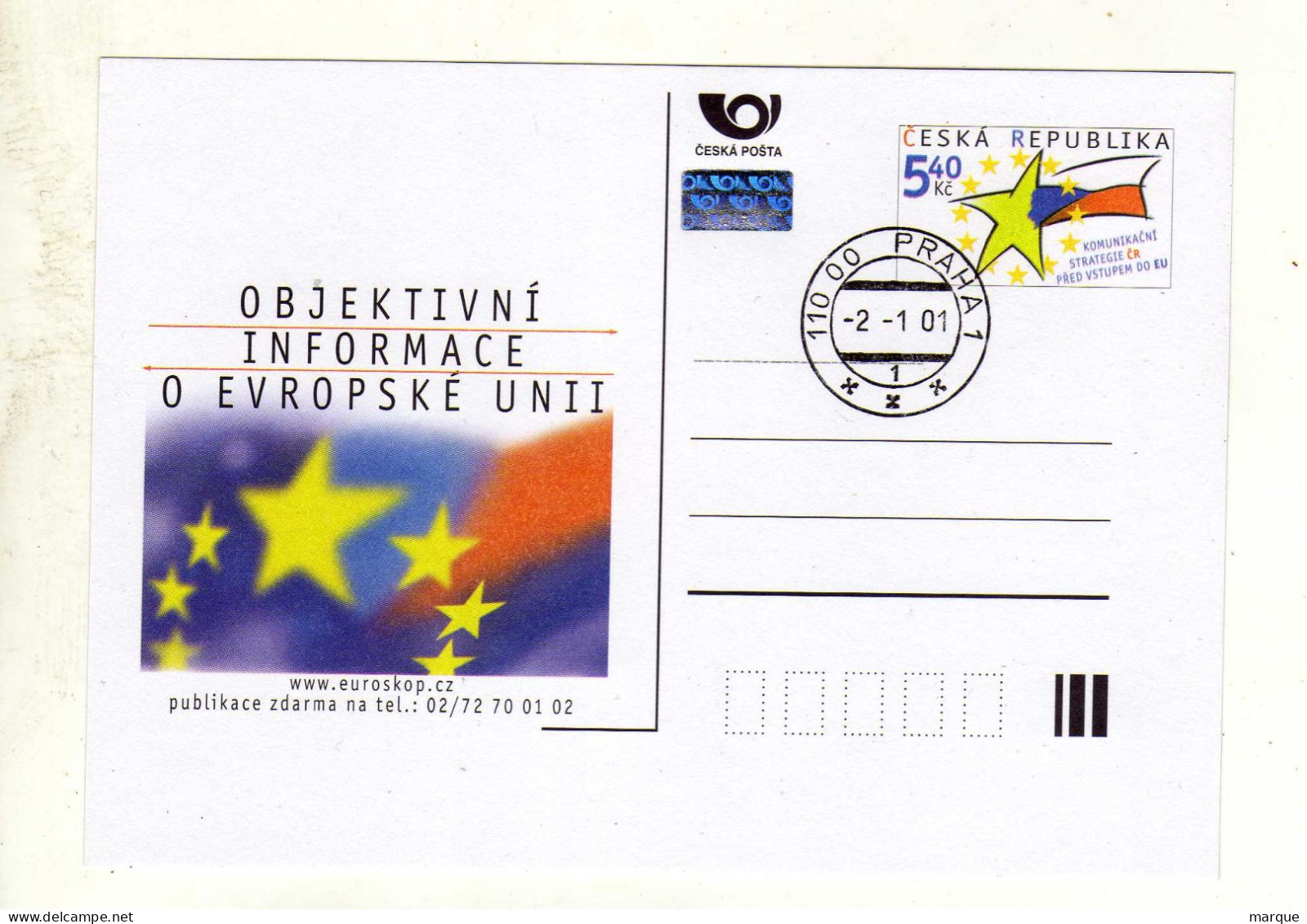 Entier Postal 1er Jour TCHEQUIE CESKA REPUBLIKA Oblitération 110 00 PRAHA 1 02/01/2001 - Postcards