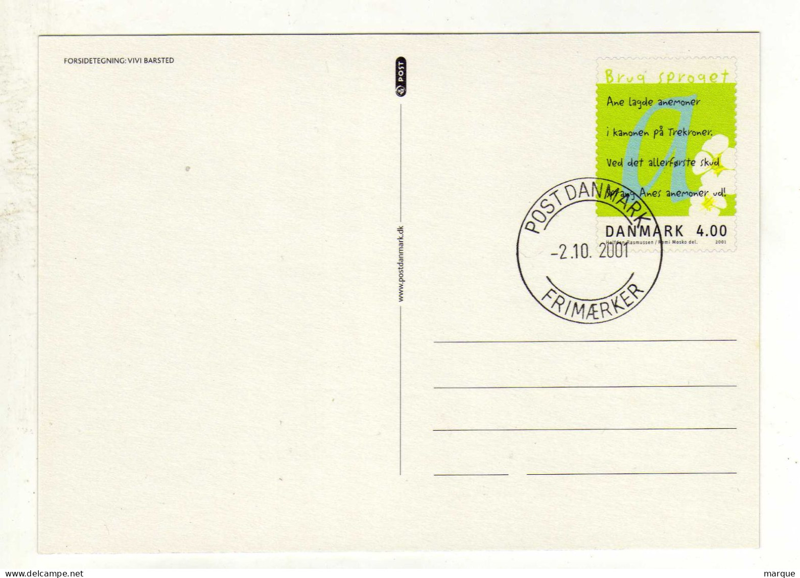 Entier Postal DANEMARK DANMARK Oblitération POST DANMARK 02/10/2001 - Enteros Postales