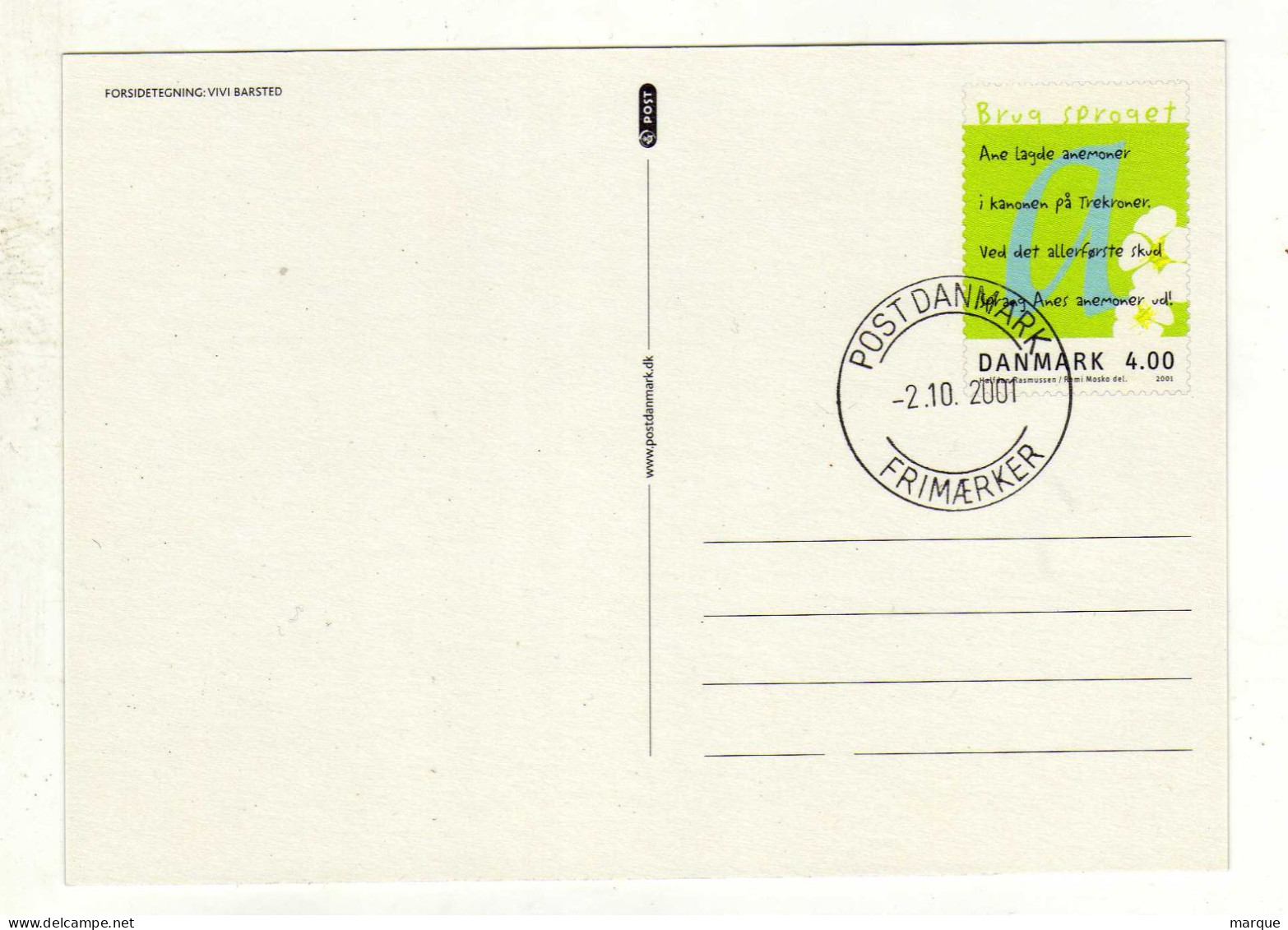 Entier Postal DANEMARK DANMARK Oblitération POST DANMARK 02/10/2001 - Enteros Postales