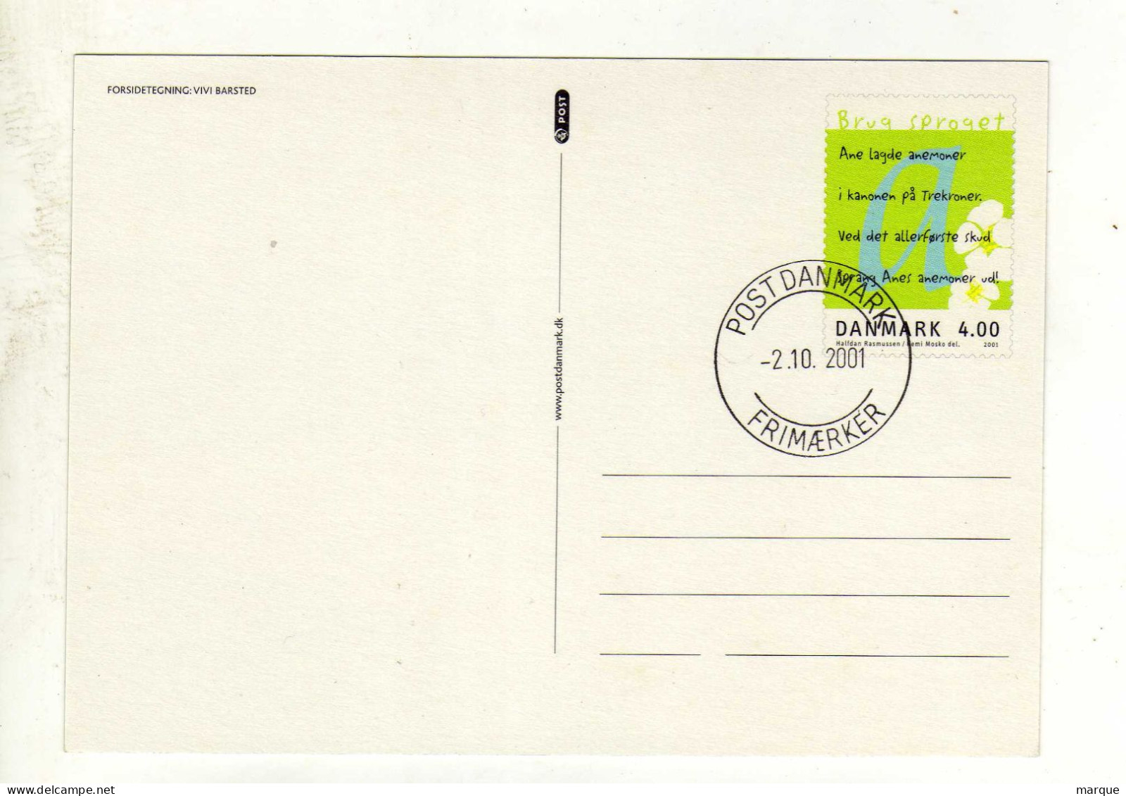 Entier Postal DANEMARK DANMARK Oblitération POST DANMARK 02/10/2001 - Postwaardestukken