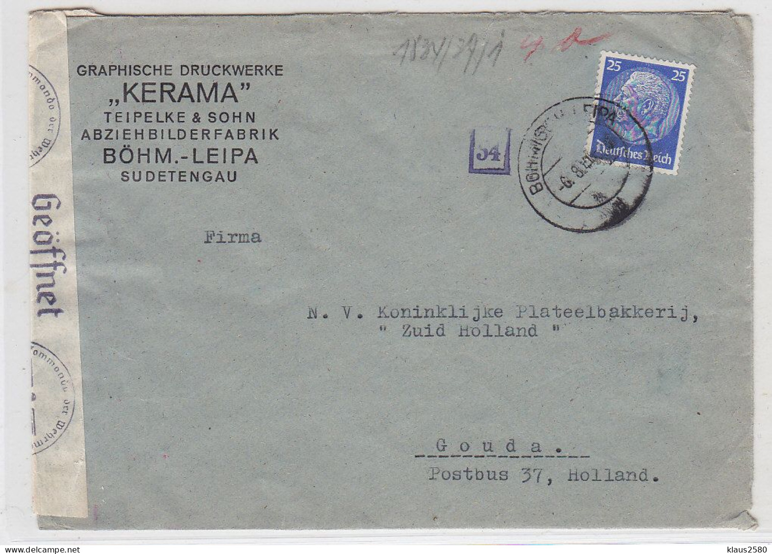 Sudetenland Brief Der Fa.KERAMA Abziehbilderfabrik Böhm-Leipa Nach Gouda Zensur - Région Des Sudètes