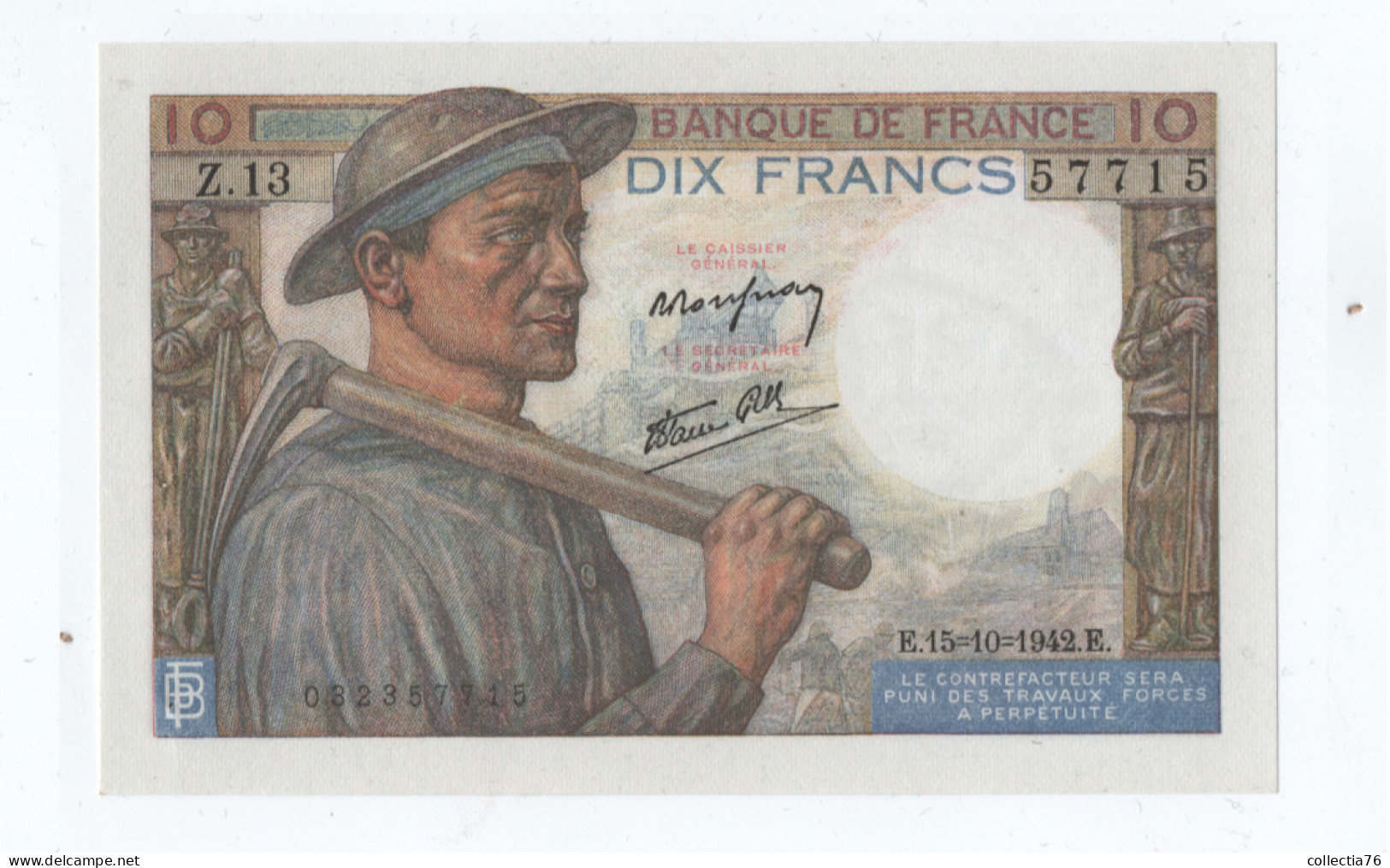 BILLETS FRANCE 10 FRANCS MINEUR Z13 15 10 1942 SUPERBE MAIS TROUS D AGRAFES F#08/04 P#99d - 10 F 1941-1949 ''Mineur''