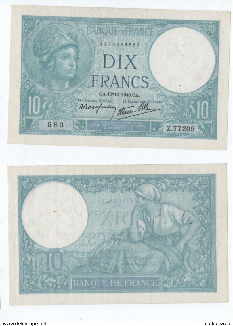 BILLETS FRANCE 10 FRANCS MINERVE Z77209 QA 10 10 1940 SUPERBE MAIS TROUS D AGRAFES F#07/16 P#84 - 10 F 1916-1942 ''Minerve''